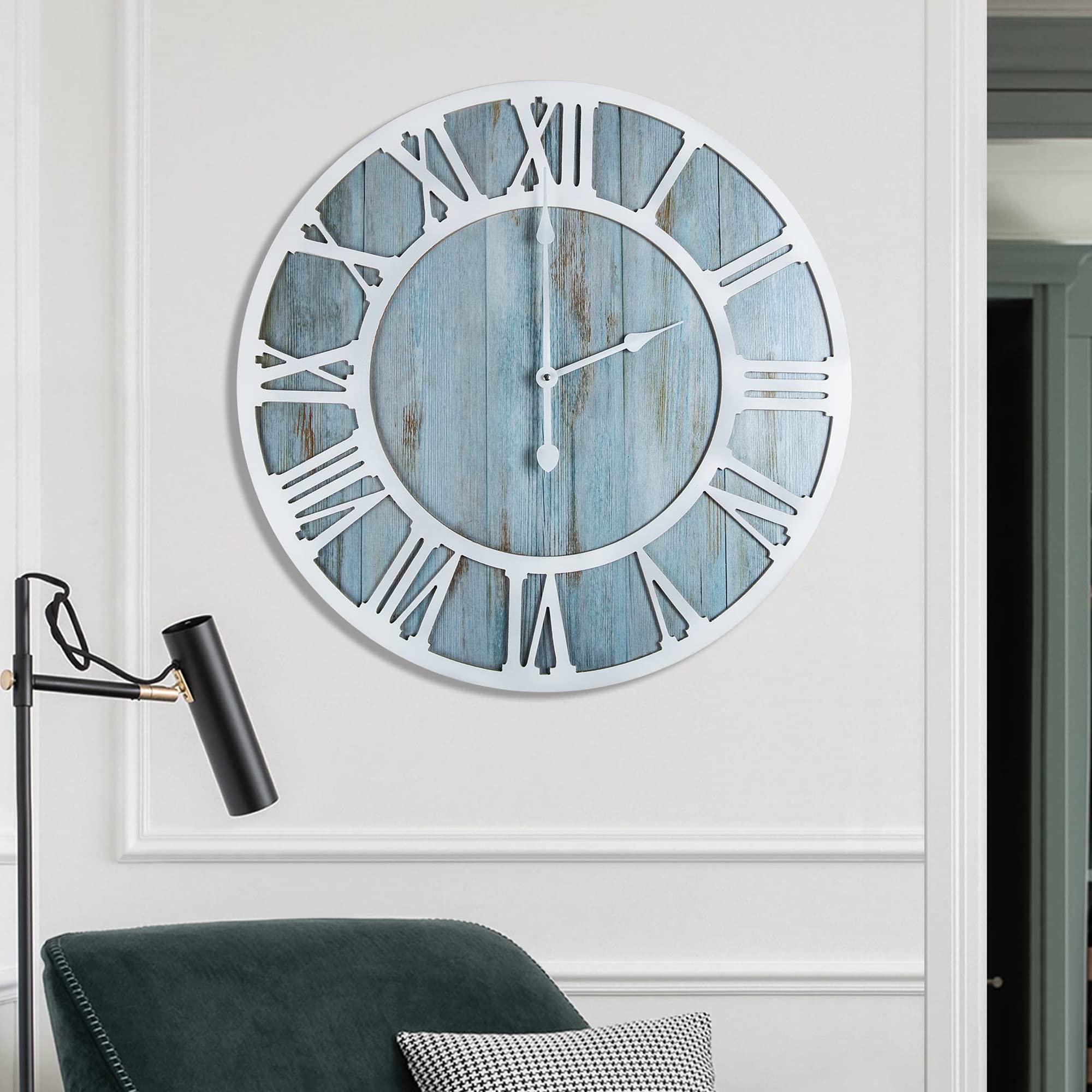 1st owned Wood Wall Clock - 24 Inch Blue Minimalist Roman Numbers Silent Non Ticking Decorative for Bedroom