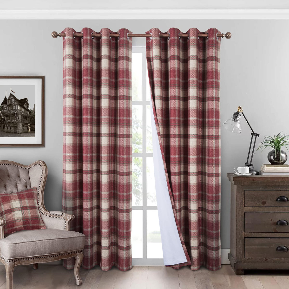 Always4U Plaid Curtains 100% Blackout Thermal Drapes For Bedroom Check Woolen Look Farmhouse Living Room Curtains 2 Panels 45 *