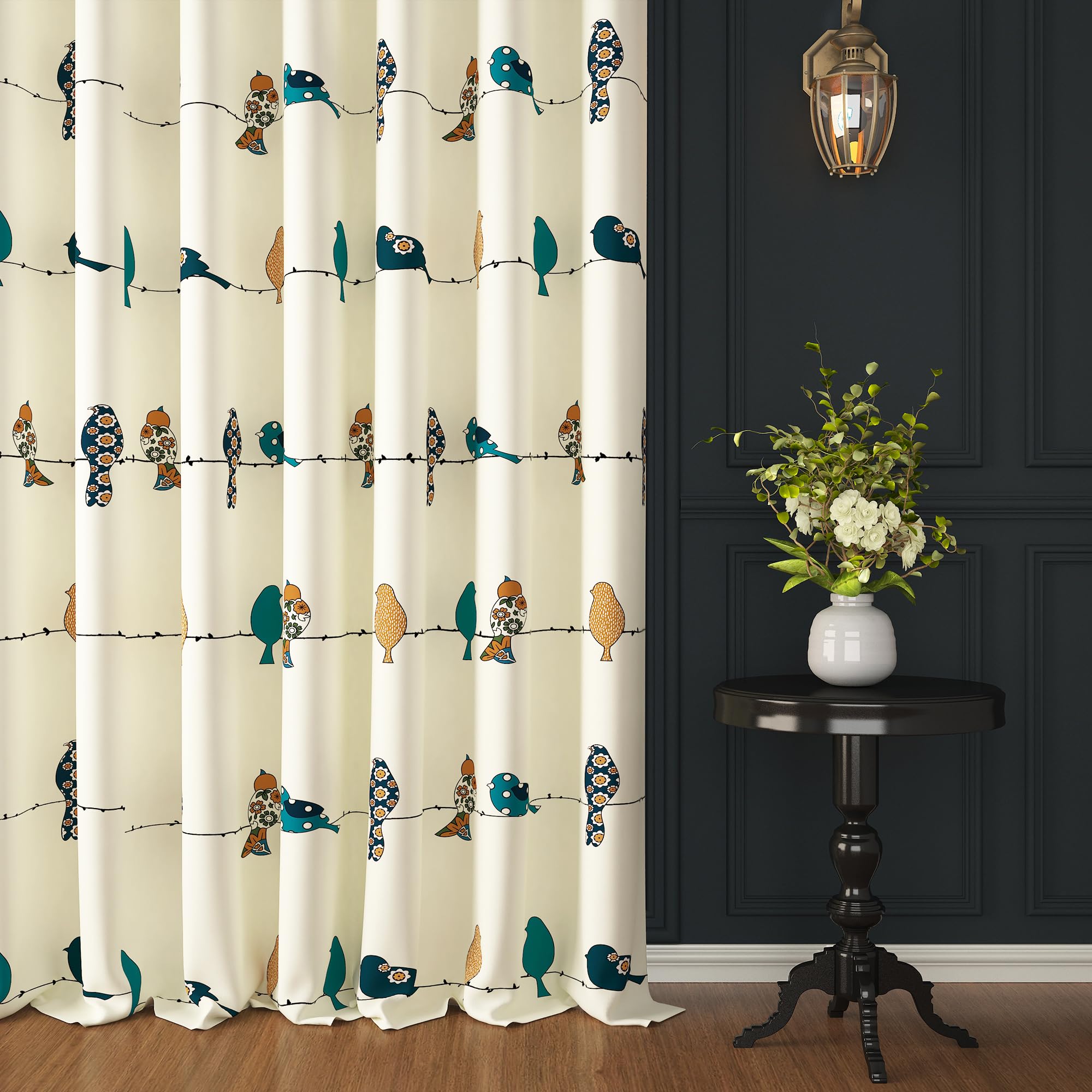 Story@Home Semi Long Door Curtains 8 Feet Long 4 Piece | Bohemian Cotton Curtains | Birds Printed | Light Filtering Curtain For 