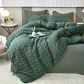 VM VOUGEMARKET Linen Cotton Duvet Cover Queen,3 Pcs Yarn-Dyed Textured Duvet Cover Set Green Flower Geometric Bedding Set,Ultra 