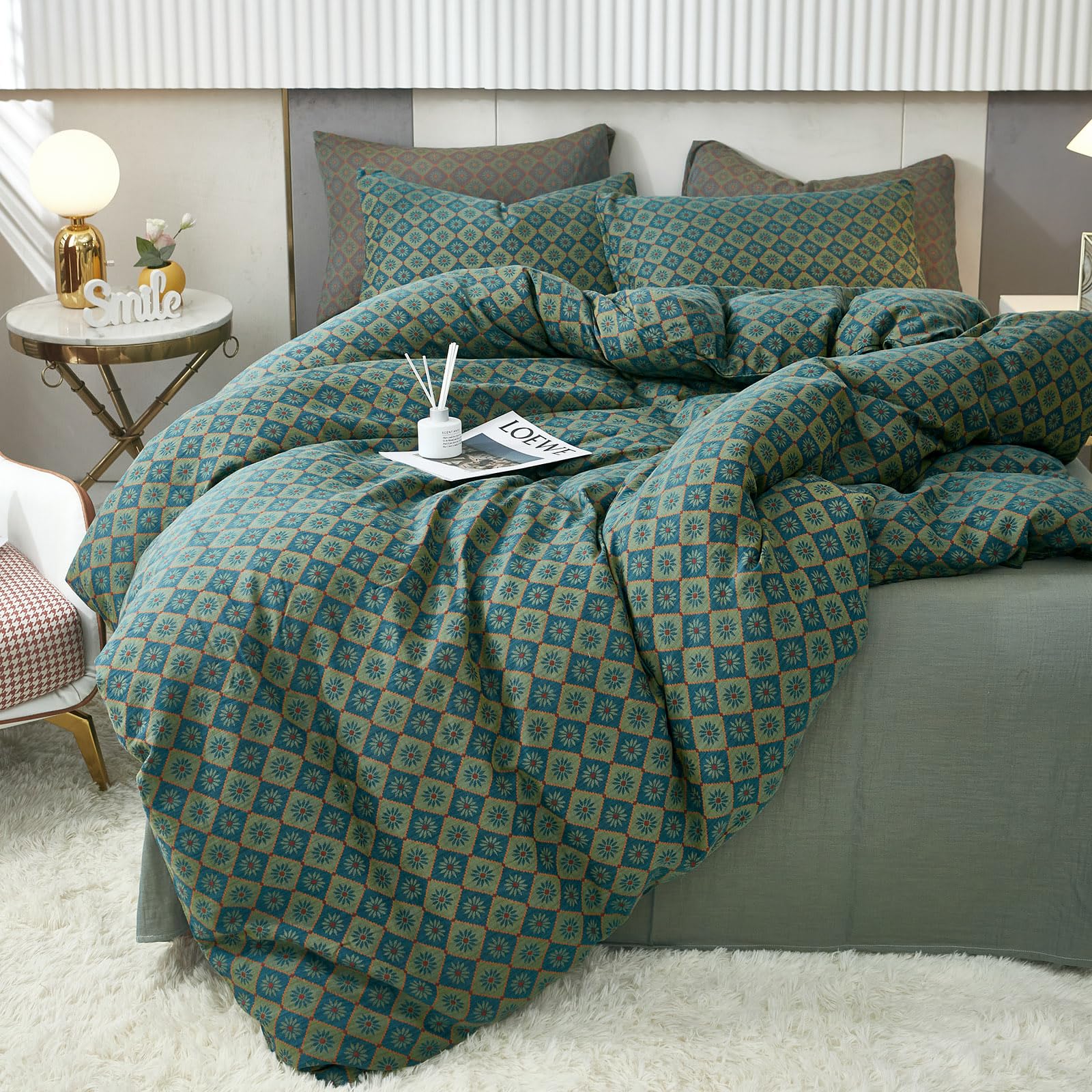 VM VOUGEMARKET Linen Cotton Duvet Cover Queen,3 Pcs Yarn-Dyed Textured Duvet Cover Set Green Flower Geometric Bedding Set,Ultra 