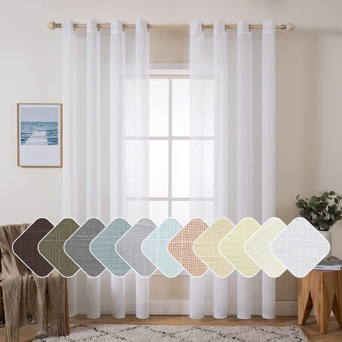 Miulee 2 Panels 84 Inch Farmhouse Linen Sheer Window Curtains Elegant Solid White Drapes Grommet Top Window Voile Panels Linen T