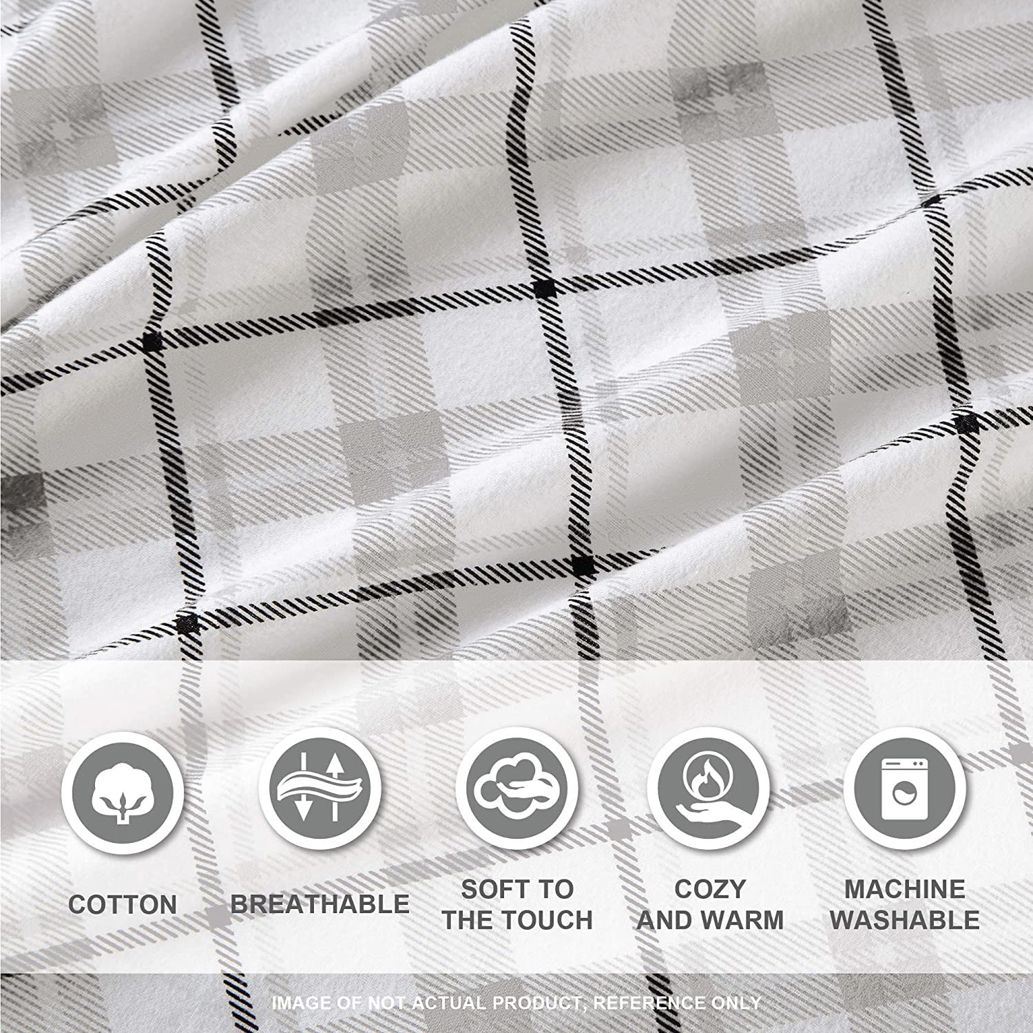 Comfort Spaces Cotton Flannel Breathable Warm Deep Pocket Sheets With Pillow Case Bedding, Cal King, Grey Plaid 4 Piece