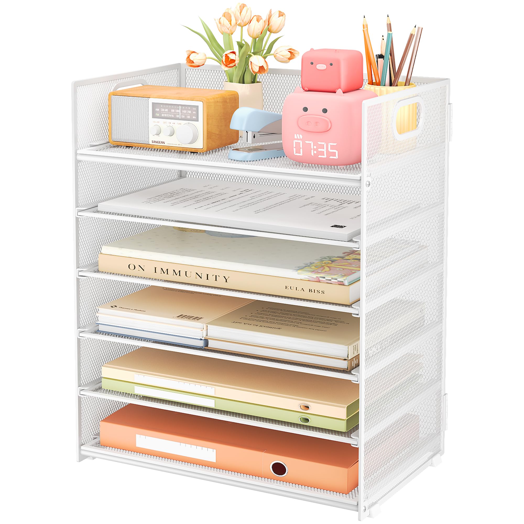 Subekyu 6 Tier Paper Organizer For Desk With Handle, Metal Mesh Desk Office File Folder Paper Letter Tray Accessories Organizer