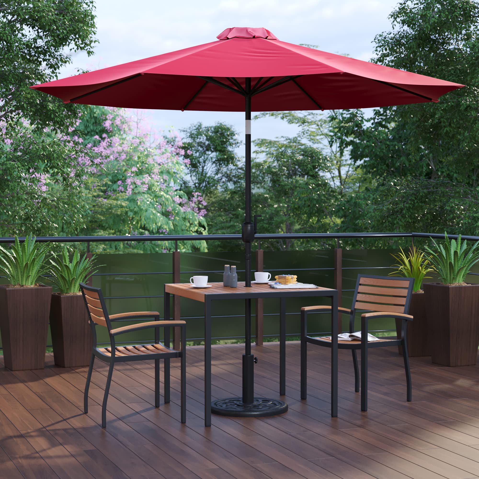 Flash Furniture 5 Piece Outdoor Patio Dining Table Set - 2 Synthetic Teak Stackable Chairs with Arms - 35&quot; Square Table - Red Umbrella with Base