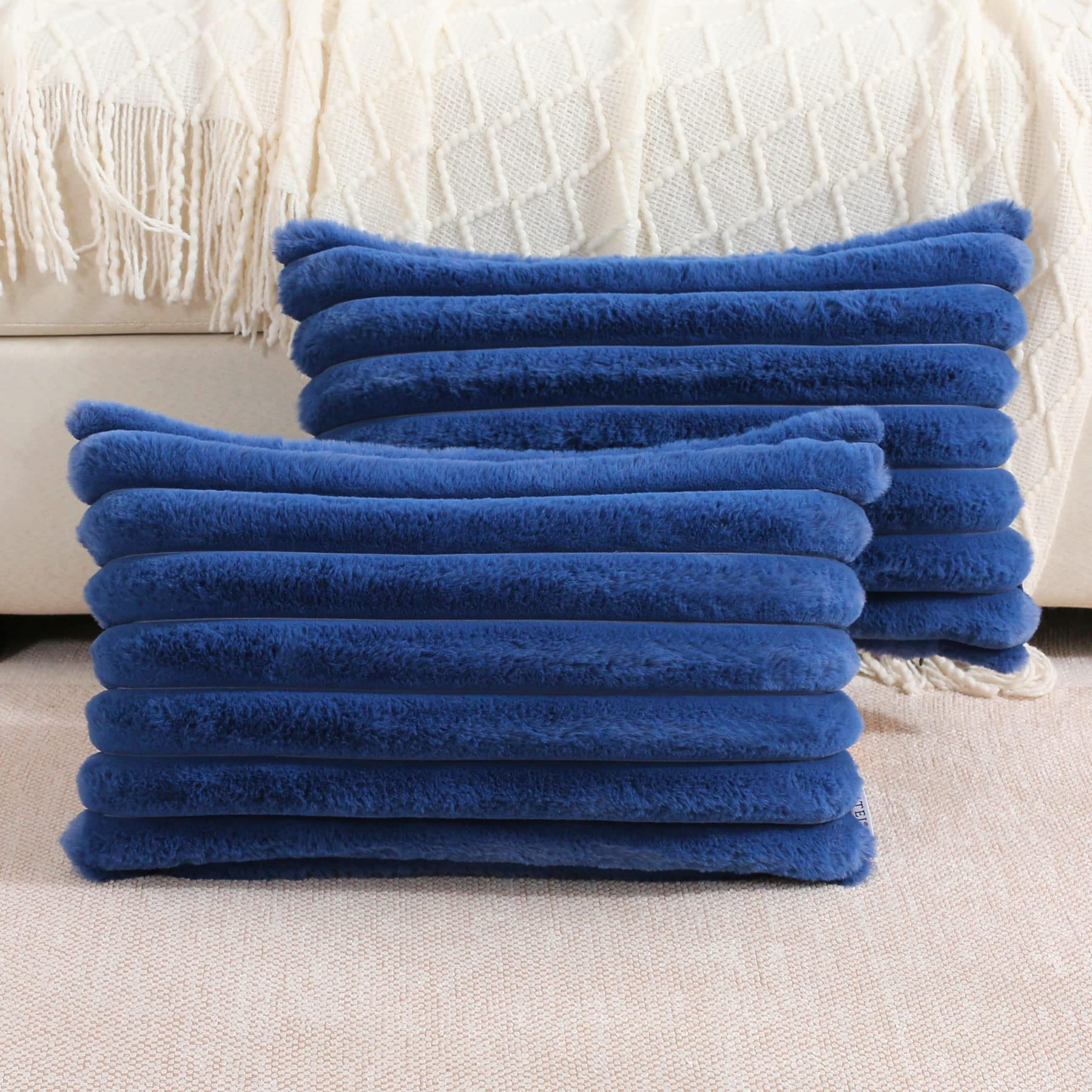 Futei Navy Blue Striped Decorative Throw Pillow Covers 12X20 Inch Set Of 2,Rectangle Spring Decorations Couch Lumbar Pillowcase,