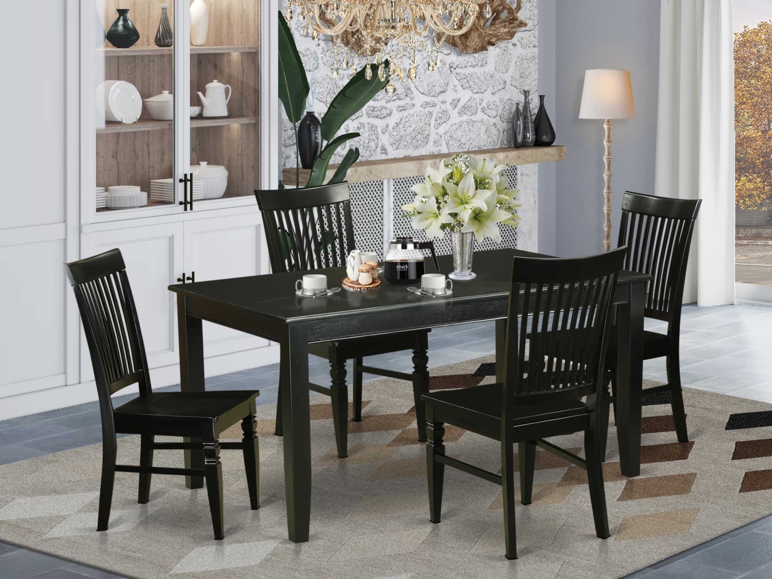 East West Furniture DUWE5-BLK-W 5 Piece Dining Set Includes a Rectangle Dining Room Table and 4 Kitchen Chairs, 36x60 Inch, Black