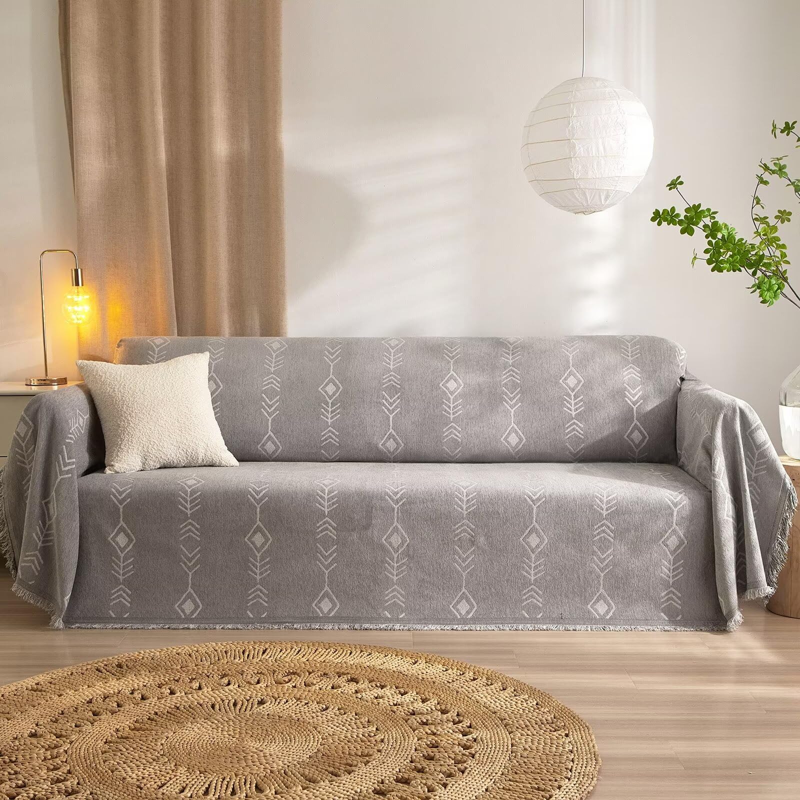 Vclife Boho Couch Cover Grey White Herringbone Plaid Sofa Cover For Dog Durable Chenille Couch Cover For 3 Cushion Couch Sofa Lo