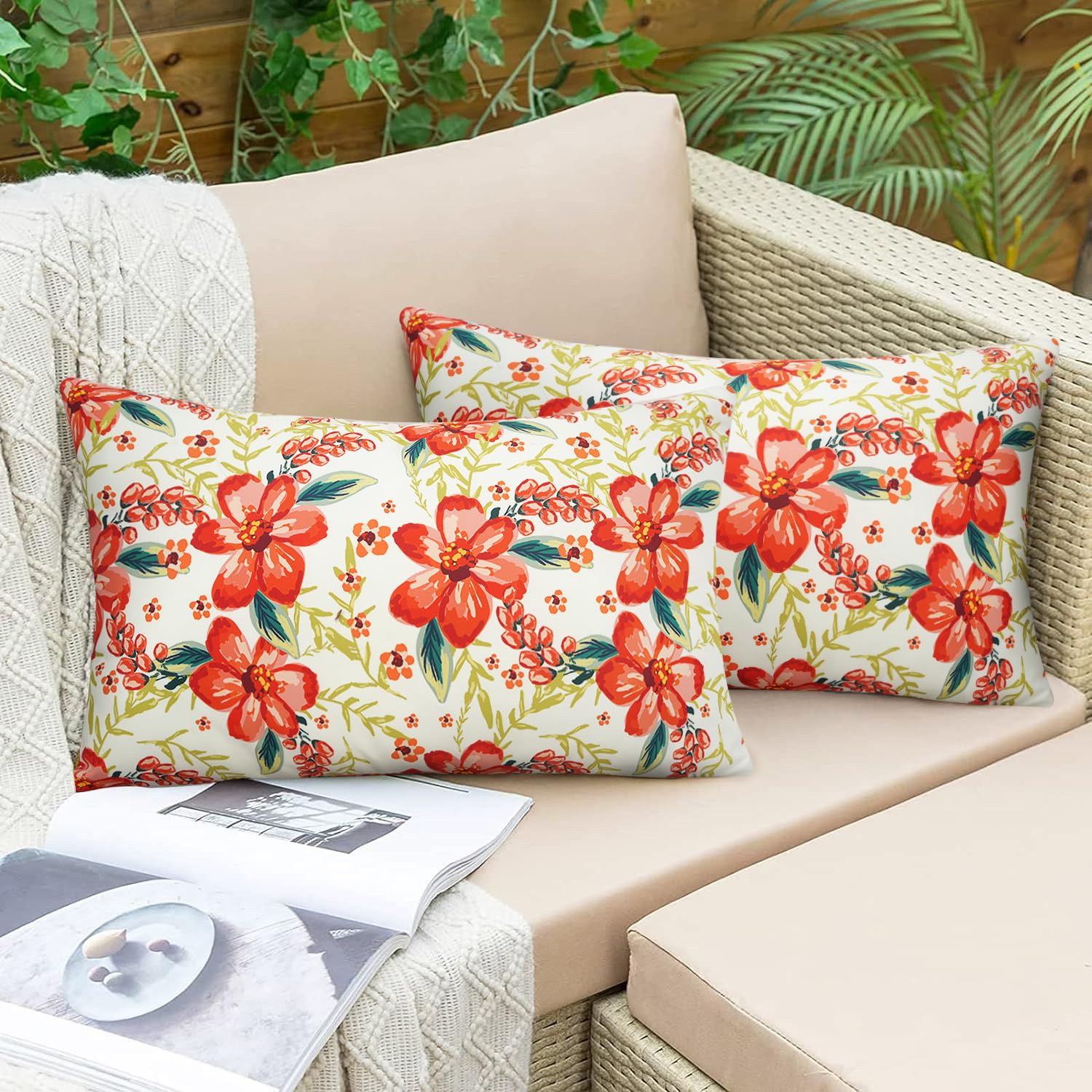 Pyonic Outdoor Pillows Cover Pack Of 2 Floral Waterproof Throw Pillow Covers 12X20 Inch Outdoor Lumbar Pillows For Patio Furnitu
