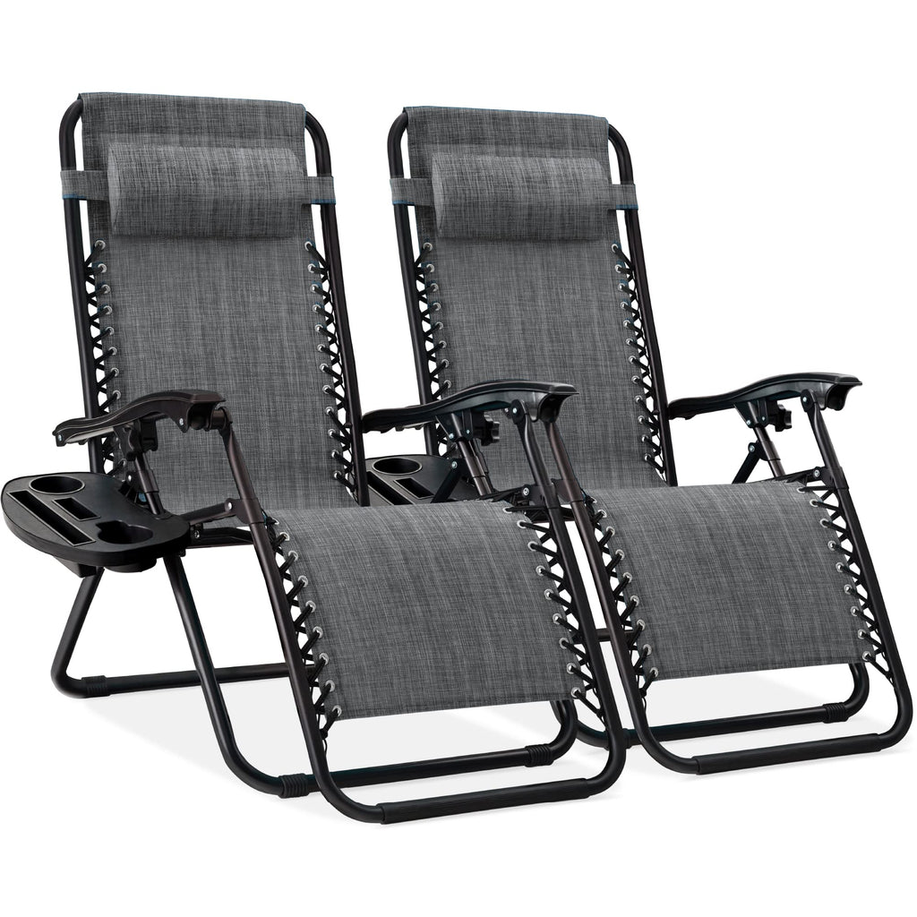 Best Choice Products Set Of 2 Adjustable Steel Mesh Zero Gravity Lounge Chair Recliners W/Pillows And Cup Holder Trays - Gray