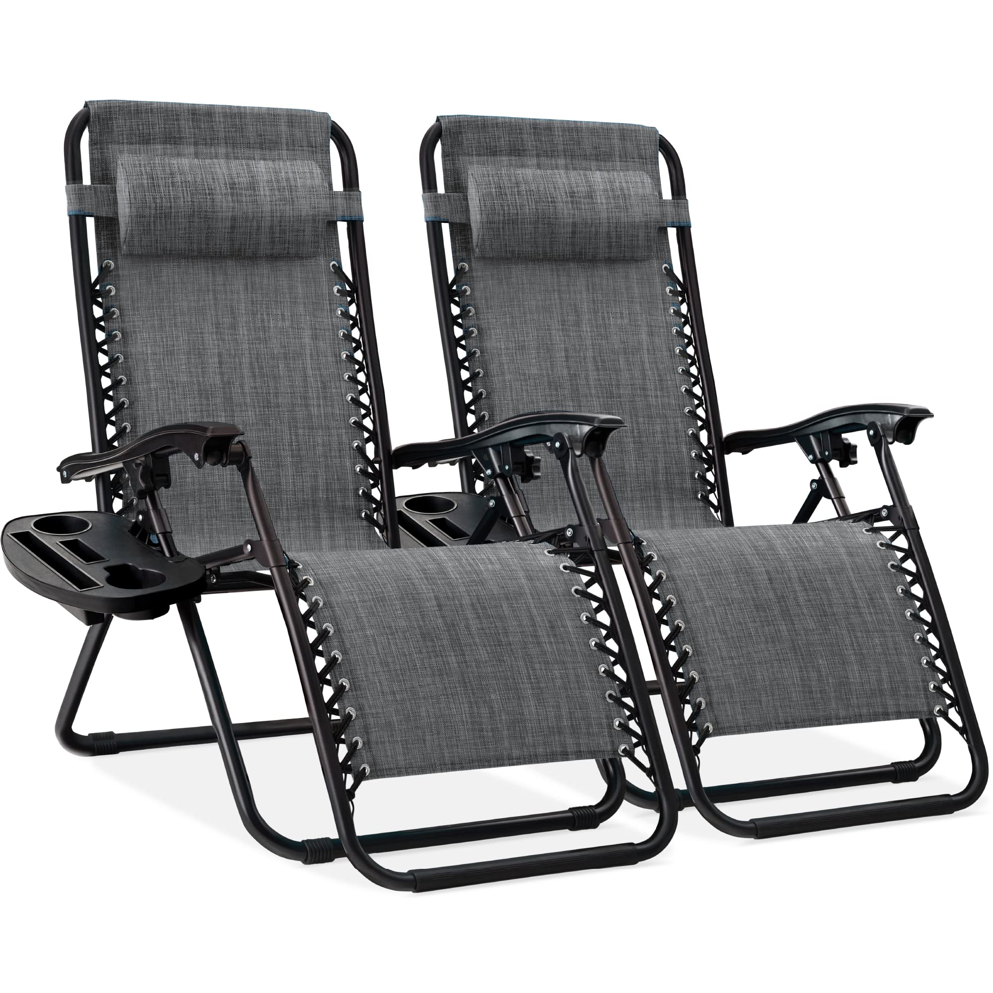 Best Choice Products Set Of 2 Adjustable Steel Mesh Zero Gravity Lounge Chair Recliners W/Pillows And Cup Holder Trays - Gray