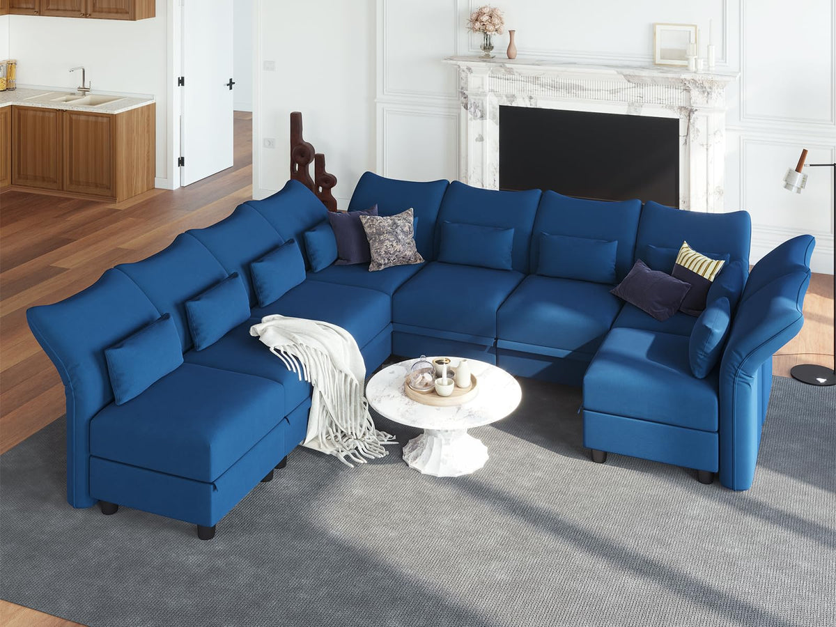 Llappuil Velvet Modular Sectional Sofa, 127.8' 8-Seater U Shaped Sectional Couch With Storage Chaise, High Back Recliner Modular Couches For Living Room, Anti-Scratch Blue