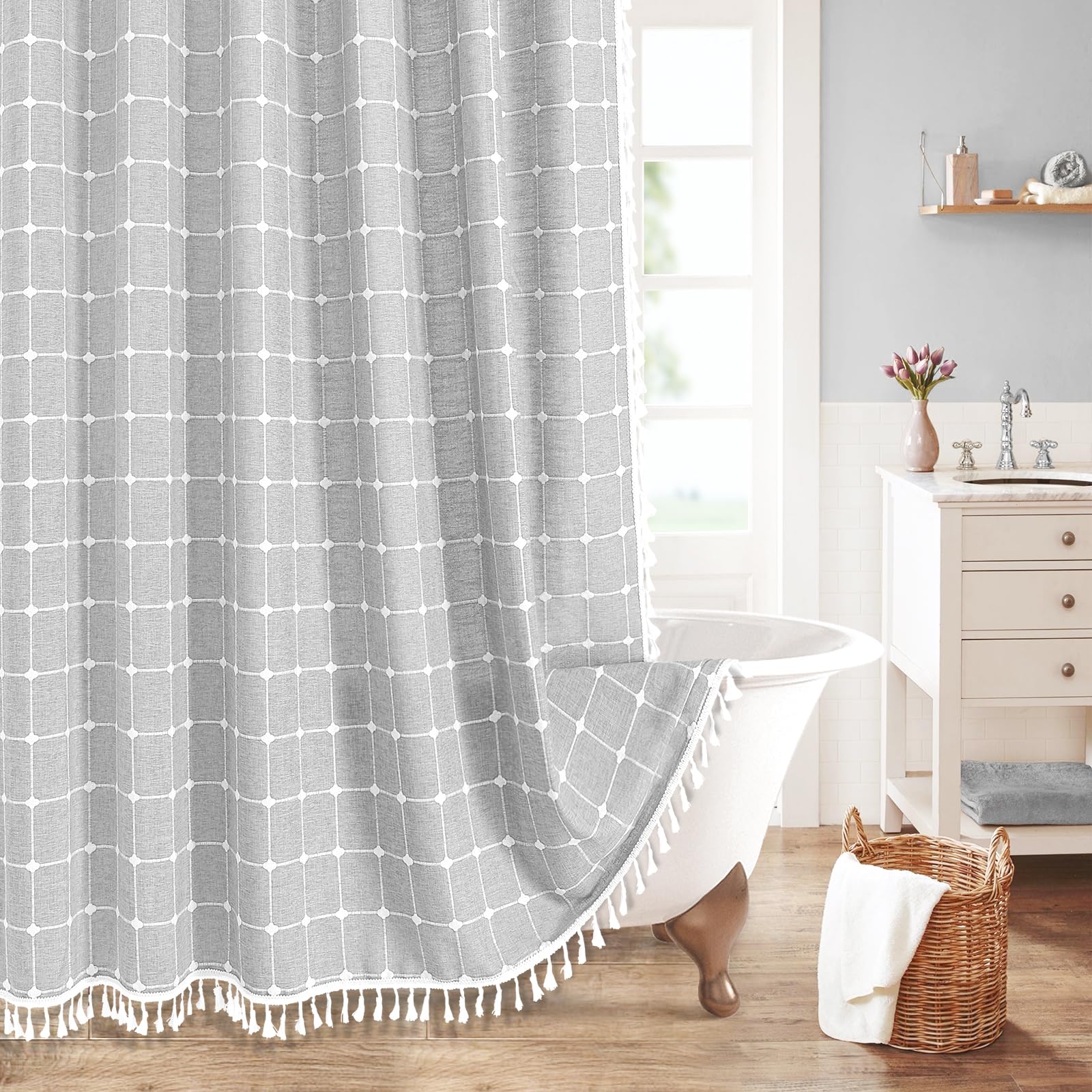 MitoVilla Grey Farmhouse Shower Curtain Set 72 x 78, Boho 78 inch Long Cotton Linen Tassel Fabric Shower Curtain Set for Chic Co