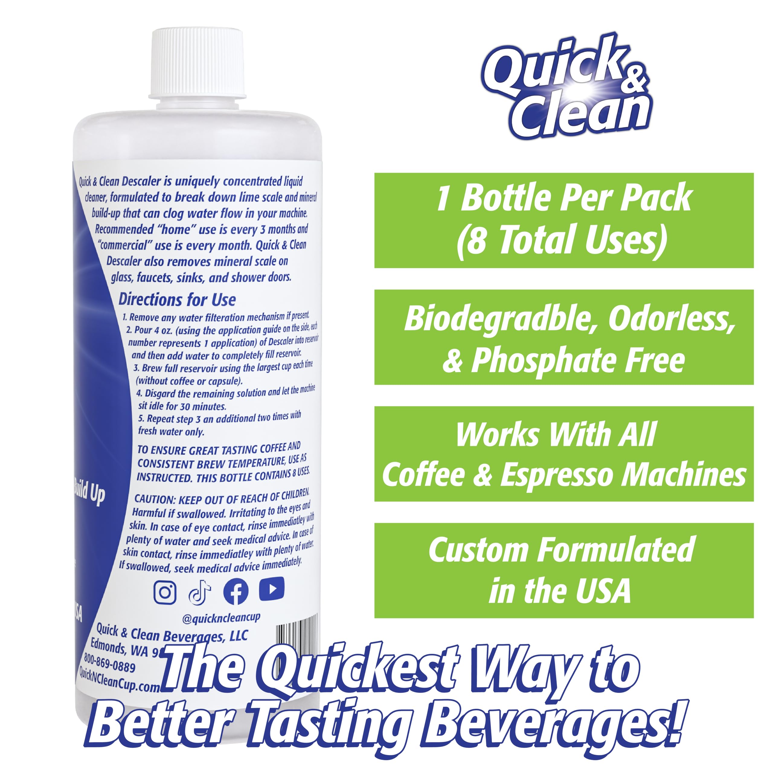 Quick & Clean 32Oz. Descaler (8 Total Uses) - Made In The Usa - Descaling Solution For Nespresso, Ninja, Delonghi, All Other Cof