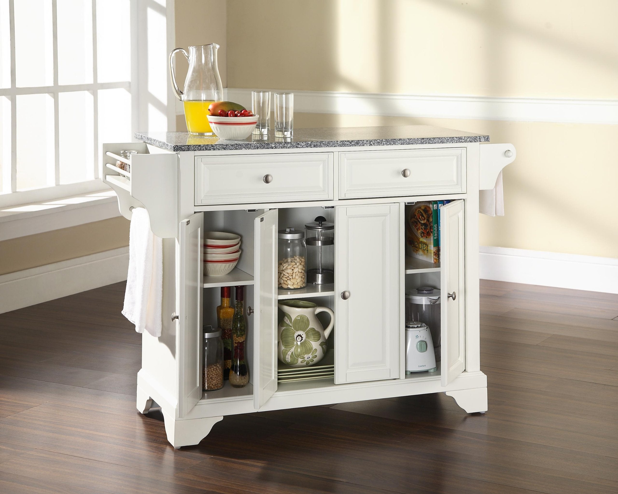Crosley Furniture Lafayette Granite Top Rolling Kitchen Island Storage Cart, Microwave Stand, Spice Rack, White