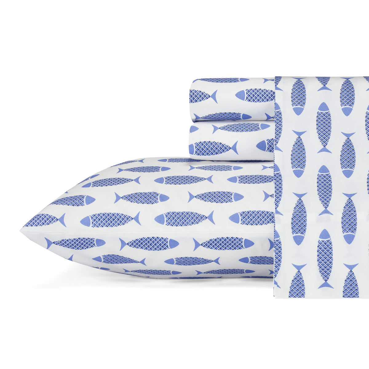 Nautica - Full Size Sheet Sets, Cotton Percale Bedding, Coastal Home Decor (Woodblock Fish Blue, Full)