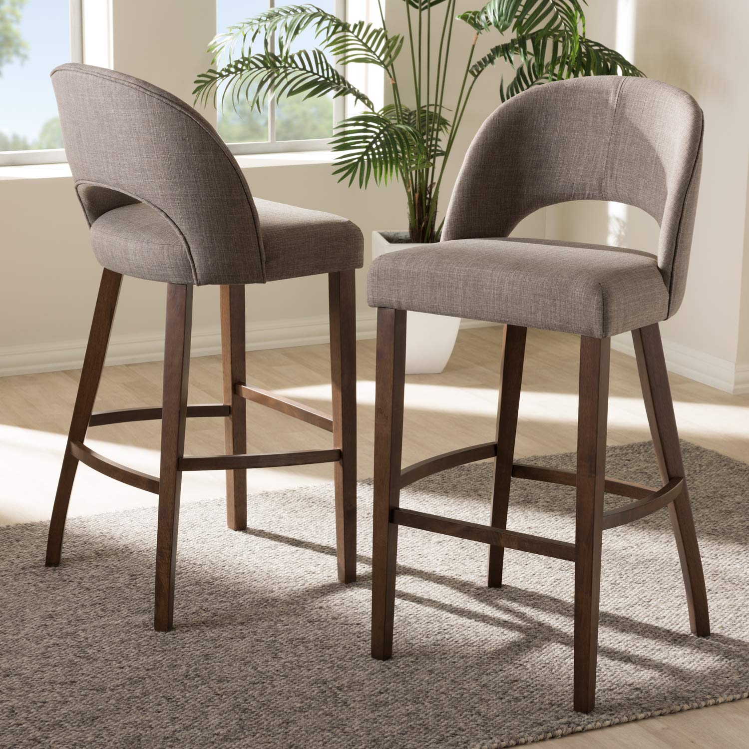 Baxton Studio Melrose Mid-Century Modern Light Grey Fabric Upholstered Walnut Finished Wood Bar Stool Set Grey/Qty 2/Medium Wood/Mid-Century/Fabric Polyester 100%&quot;/Rubber Wood/Foam