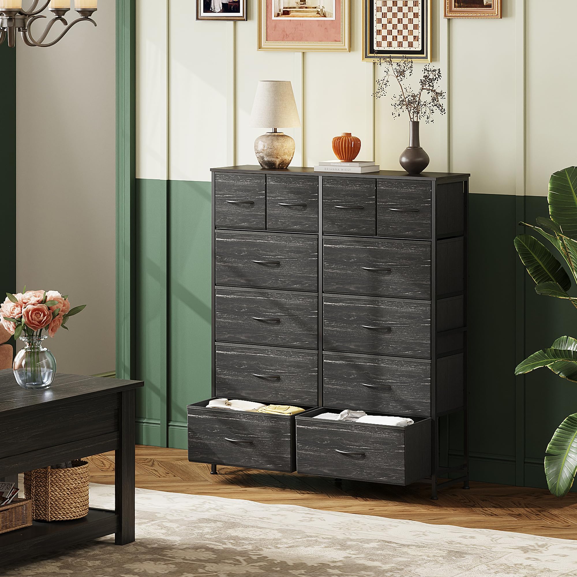 Wlive Tall Dresser For Bedroom With 12 Drawers, Dressers & Chests Of Drawers, Fabric Dresser For Bedroom, Closet, Fabric Storage Dressers With Storage Drawers, Wood Top, Charcoal Black