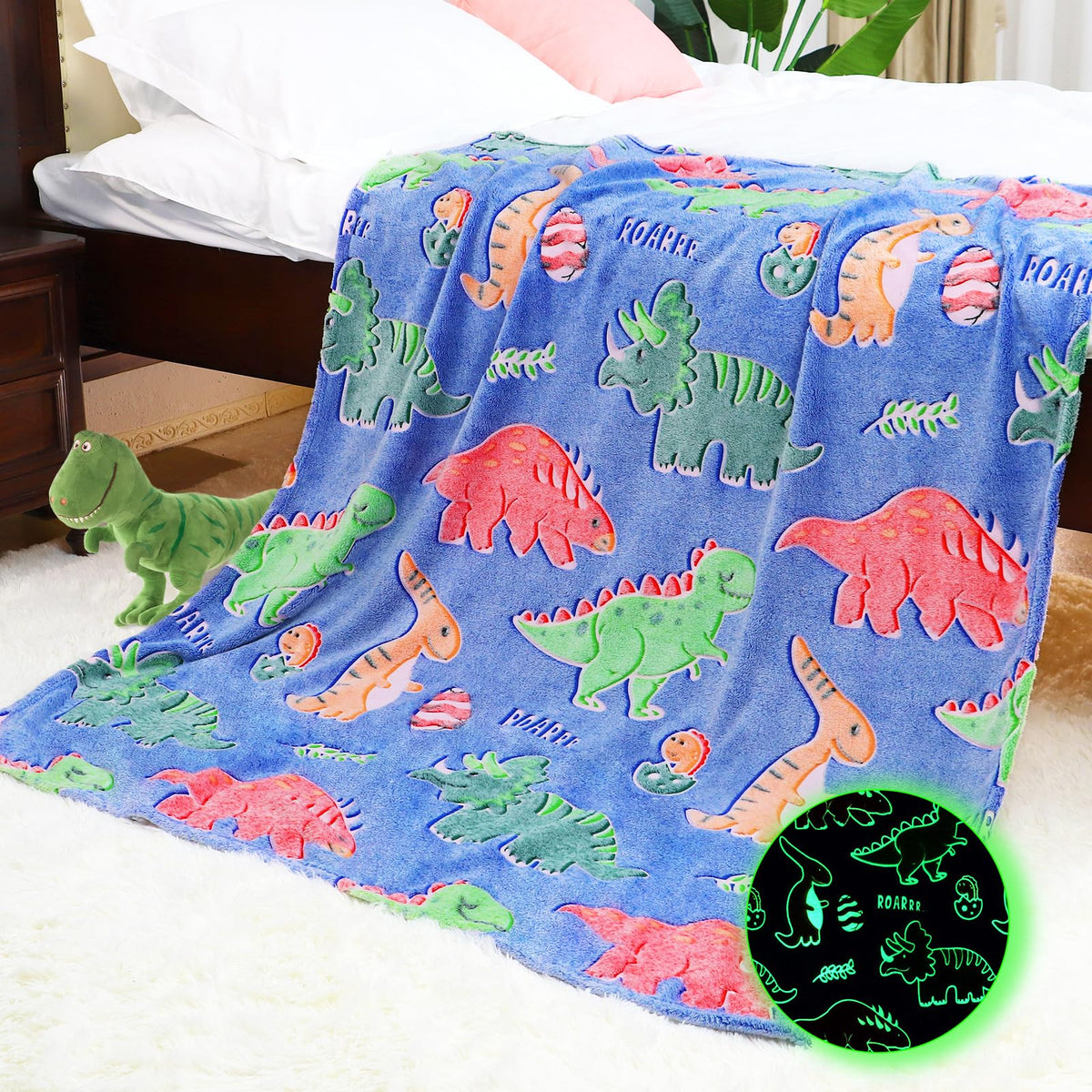 Imuku Dinosaur Blanket Glow In The Dark Blankets For Boys Kids Dinosaur Gifts Toys Cute Dino Decor Red Green Throw Blanket