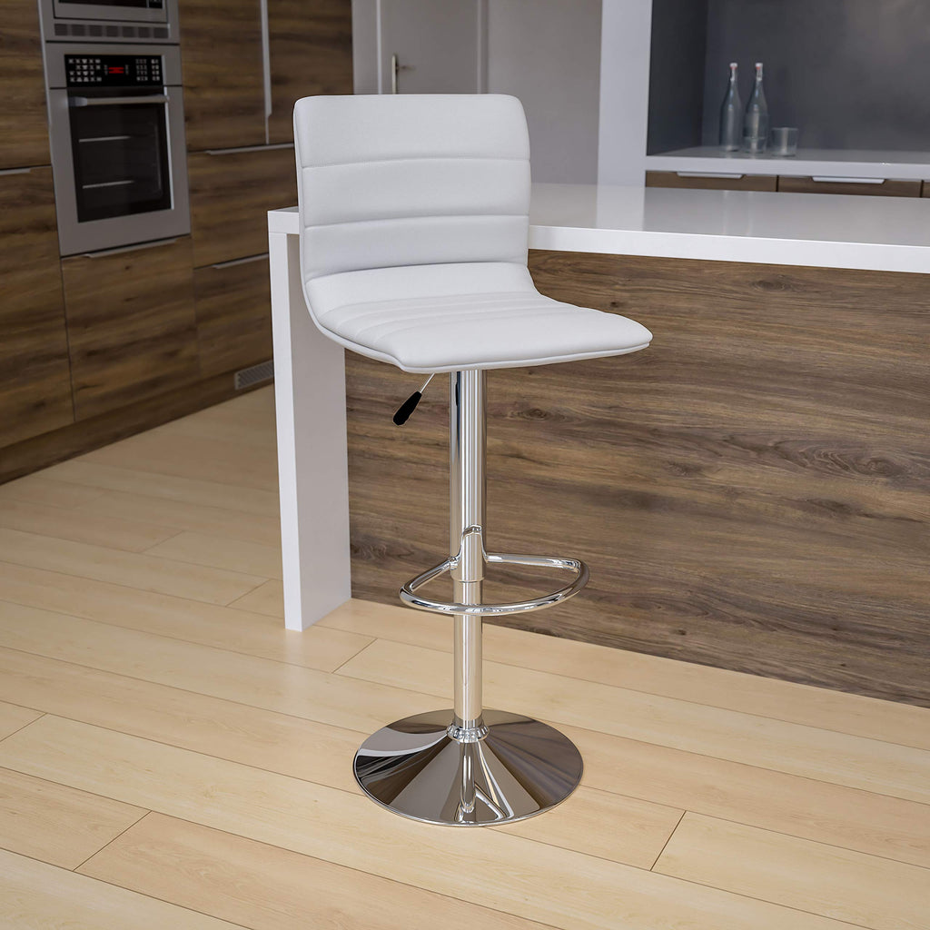 Flash Furniture Vincent Modern Adjustable Height Barstool With Footrest And Padded Mid-Back, Upholstered Vinyl Bar/Counter Height Stool, White/Chrome