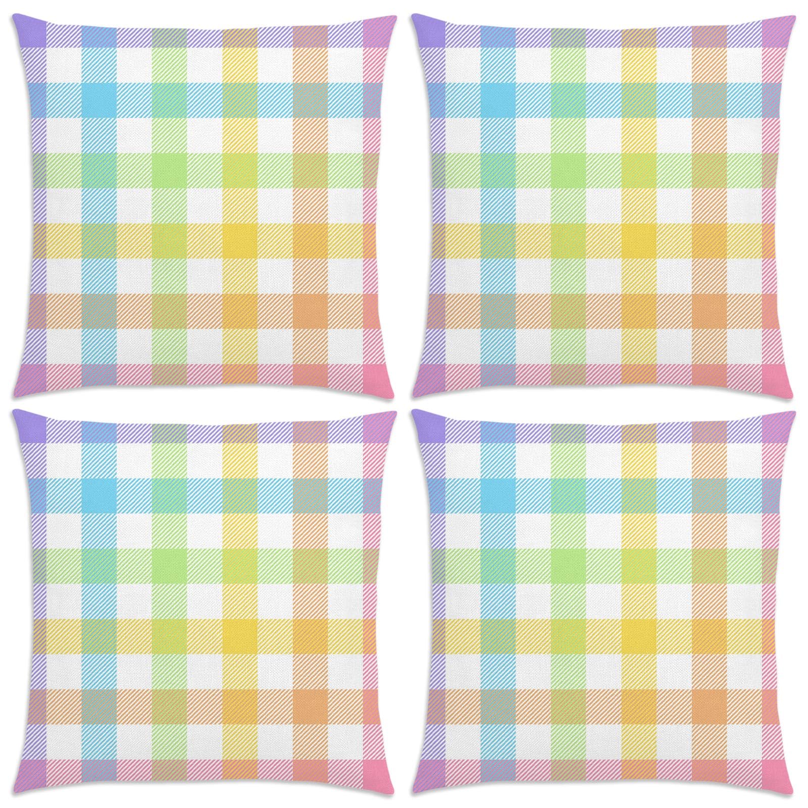 Pudodo Easter Buffalo Plaid Check Throw Pillow Covers 18X18 Set Of 4 Spring Holiday Party Decoration For Home Bed Couch Sofa (18