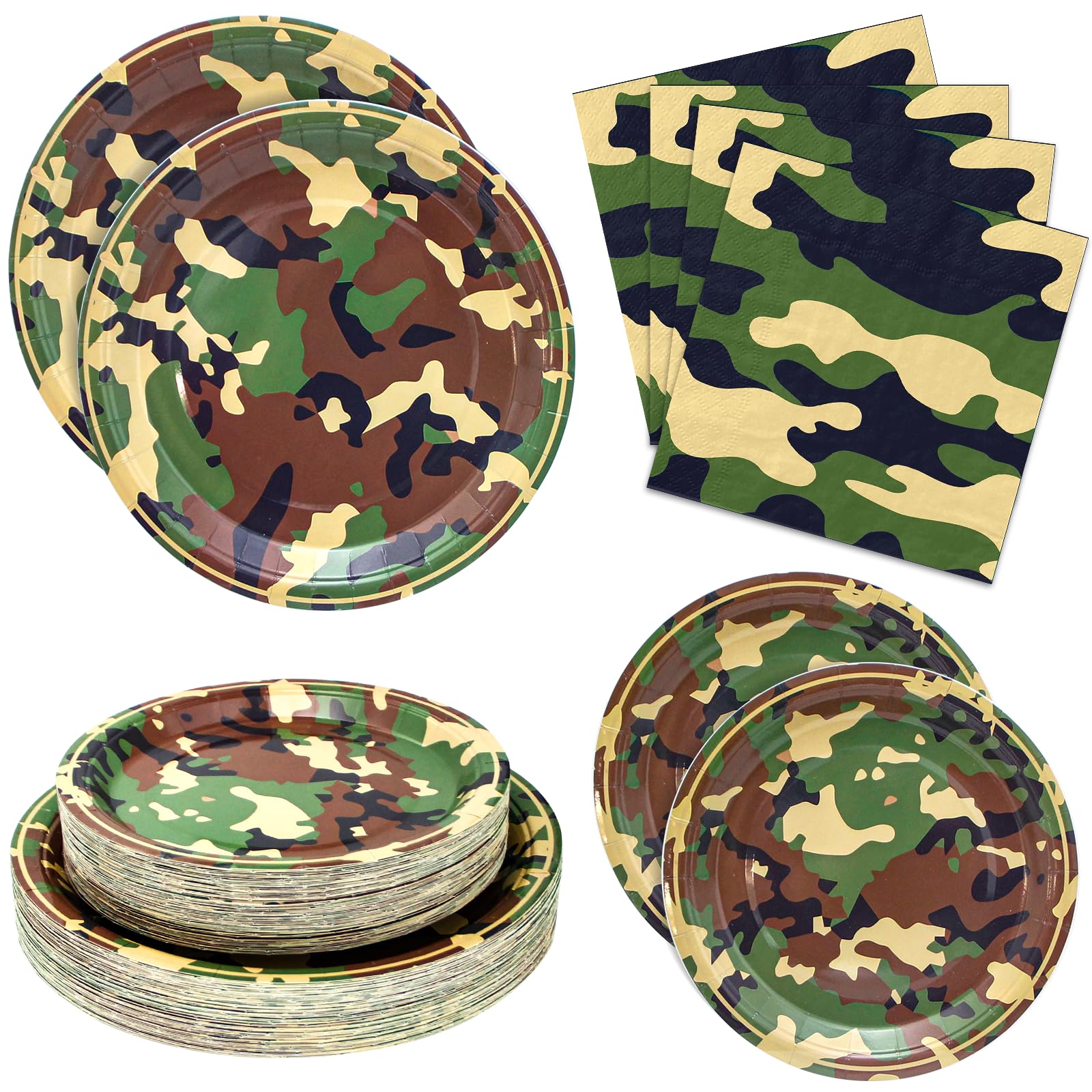 180PCS Camo Birthday Party Supplies Serve 60, Army Camouflage Theme Paper Plates and Napkins Kit for Camouflages Hunting Army Mi