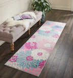HomeRoots Grey 100% Polypropylene 2’ x 8’ Gray and Pink Tropical Flower Runner Rug