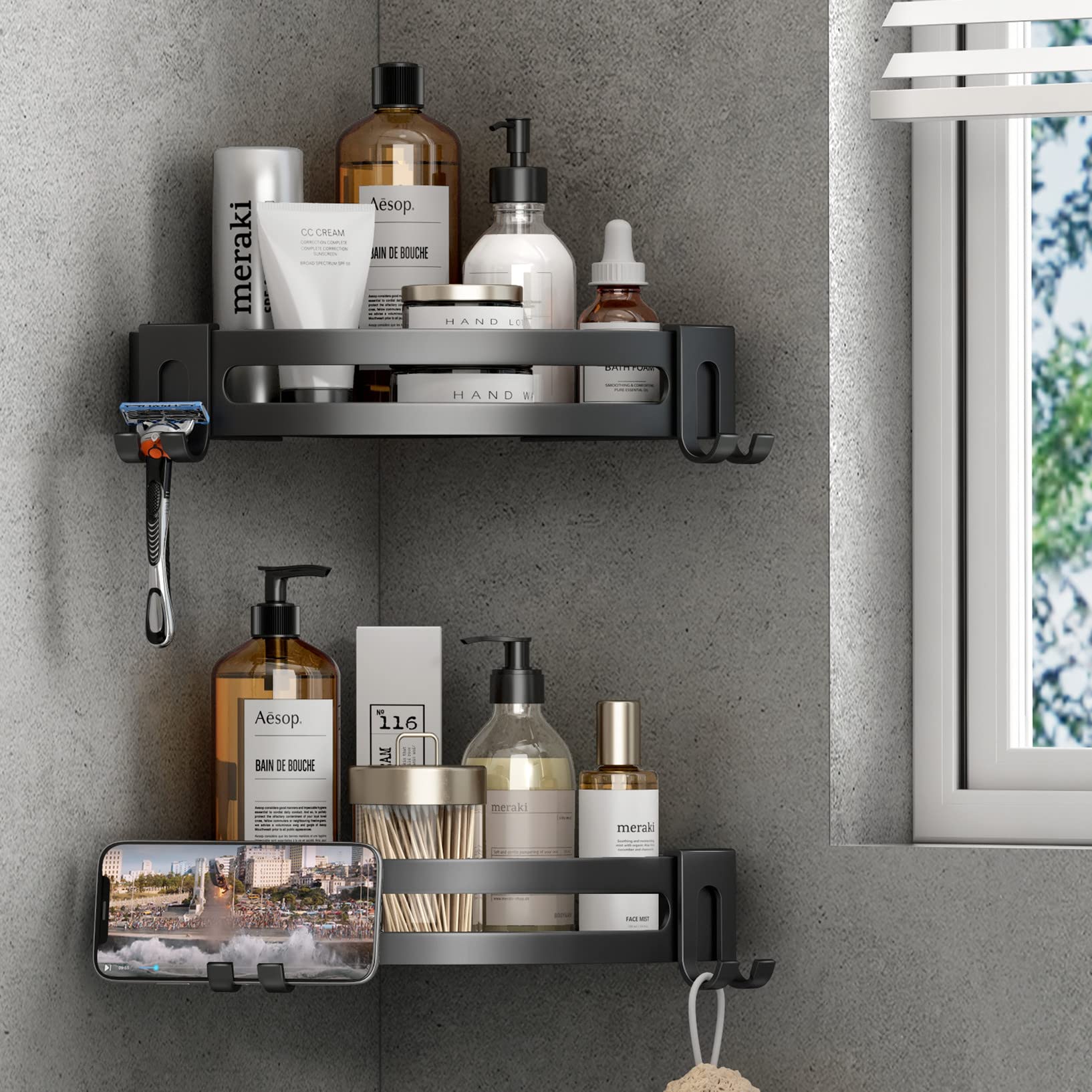 VOLPONE Corner Shower Caddy with Razor Holder Adhesive Shower Shelf Corner No Drilling Bathroom Shower Organizer Storage Rack (2