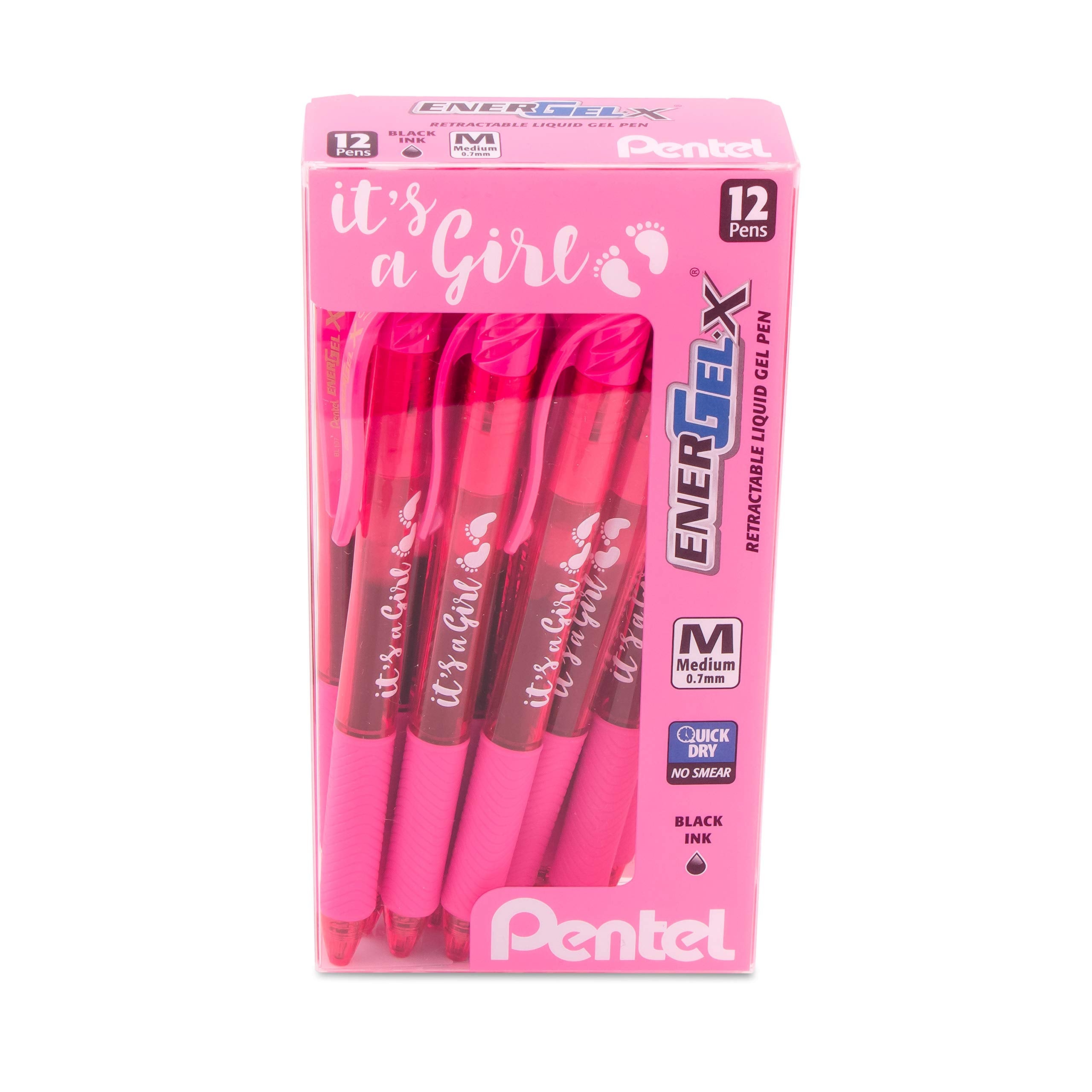 Pentel Energel-X Retractable Gel Pen, (0.7Mm) Med. Line, Pink Ink- It'S A Girl! Dozen Box (Bl107Ppc12)