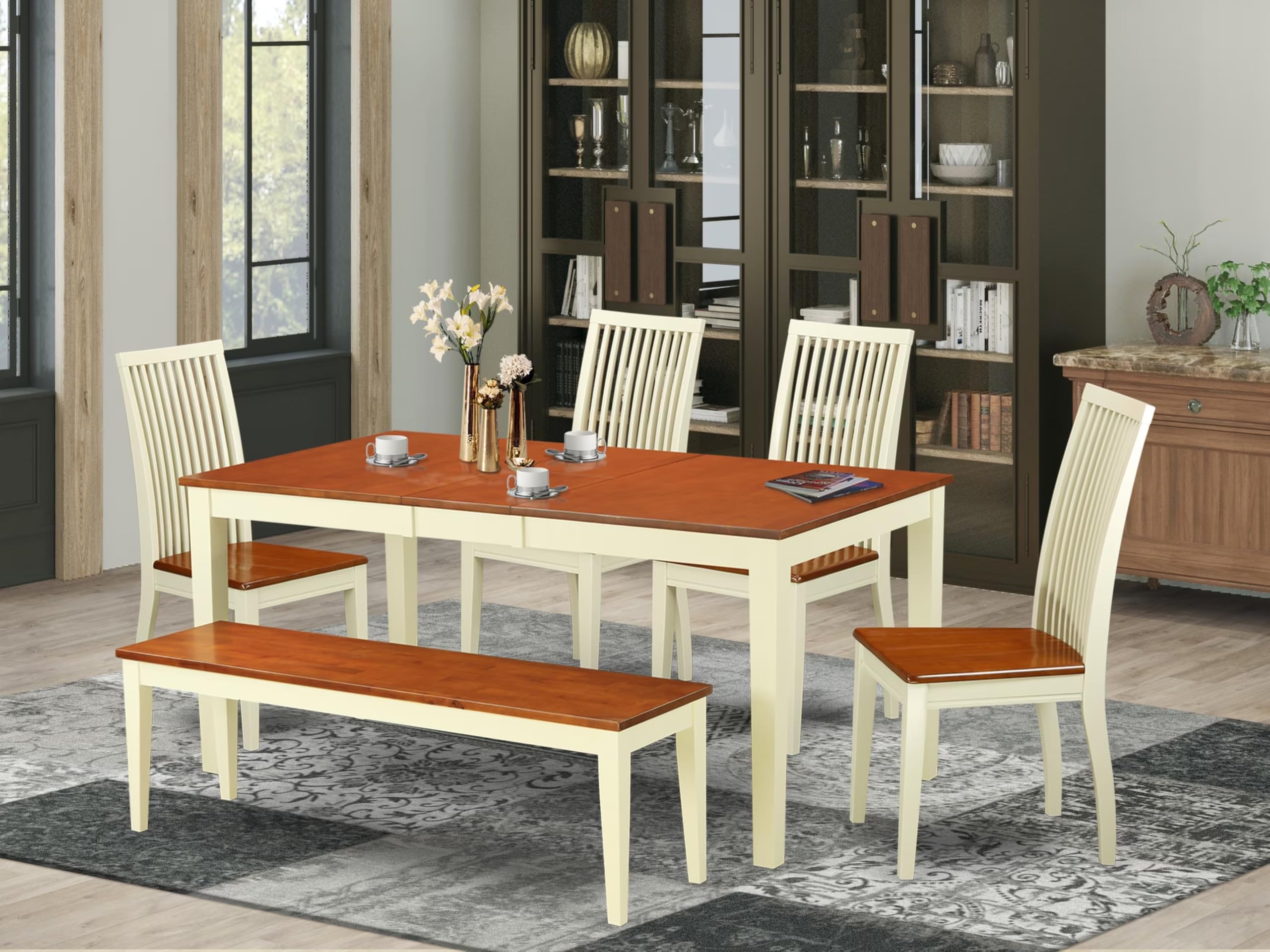 East West Furniture NIIP6-BMK-W 6 Piece Dining Table Set Contains a Rectangle Dining Room Table with Butterfly Leaf and 4 Wooden Seat Chairs with a Bench, 36x66 Inch, Buttermilk & Cherry