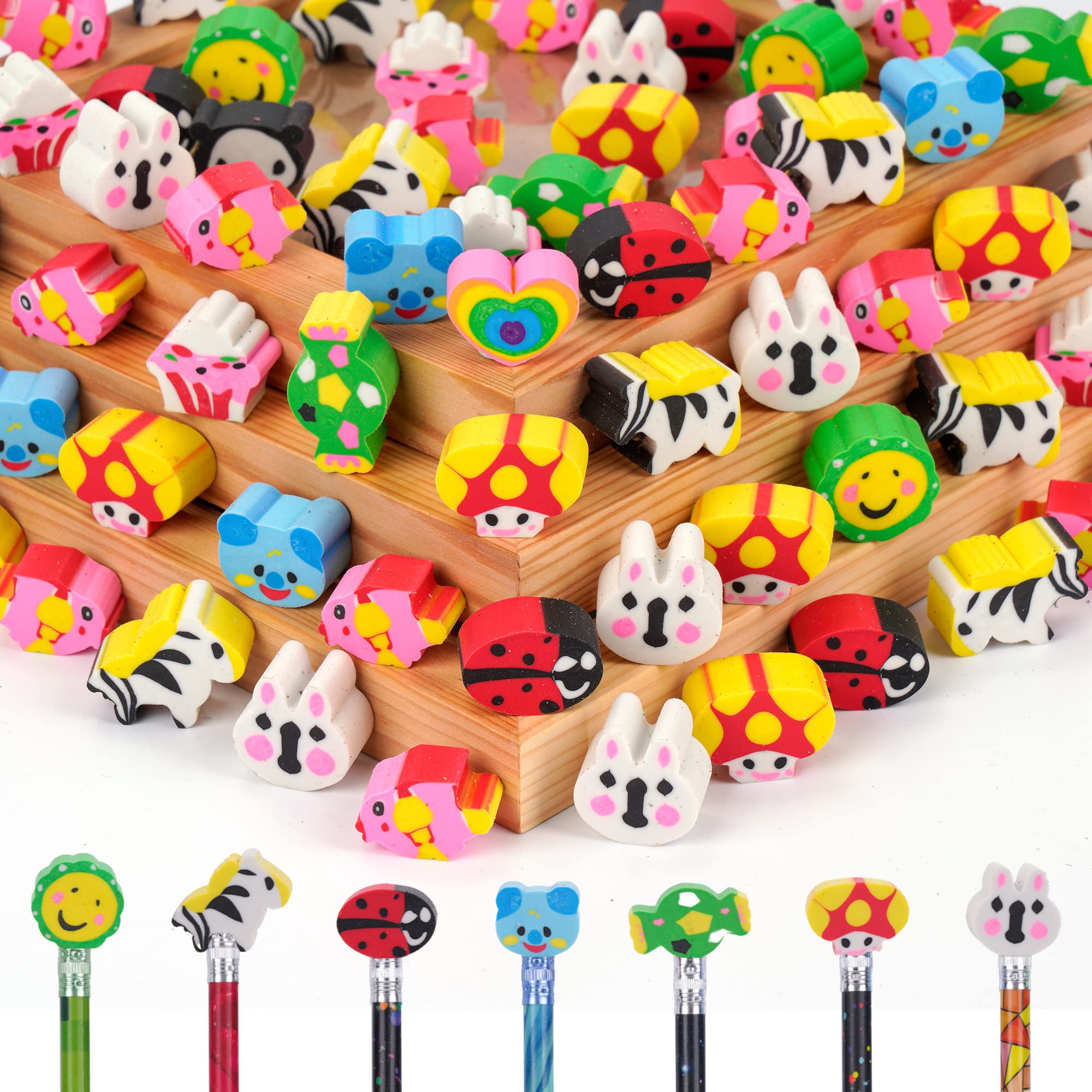 200 Pieces Cartoon Cute Animal Pencil Erasers Pencil Eraser Toppers Rabbit Zebra Mushroom Ladybug Pencil Caps For Kids School Cl