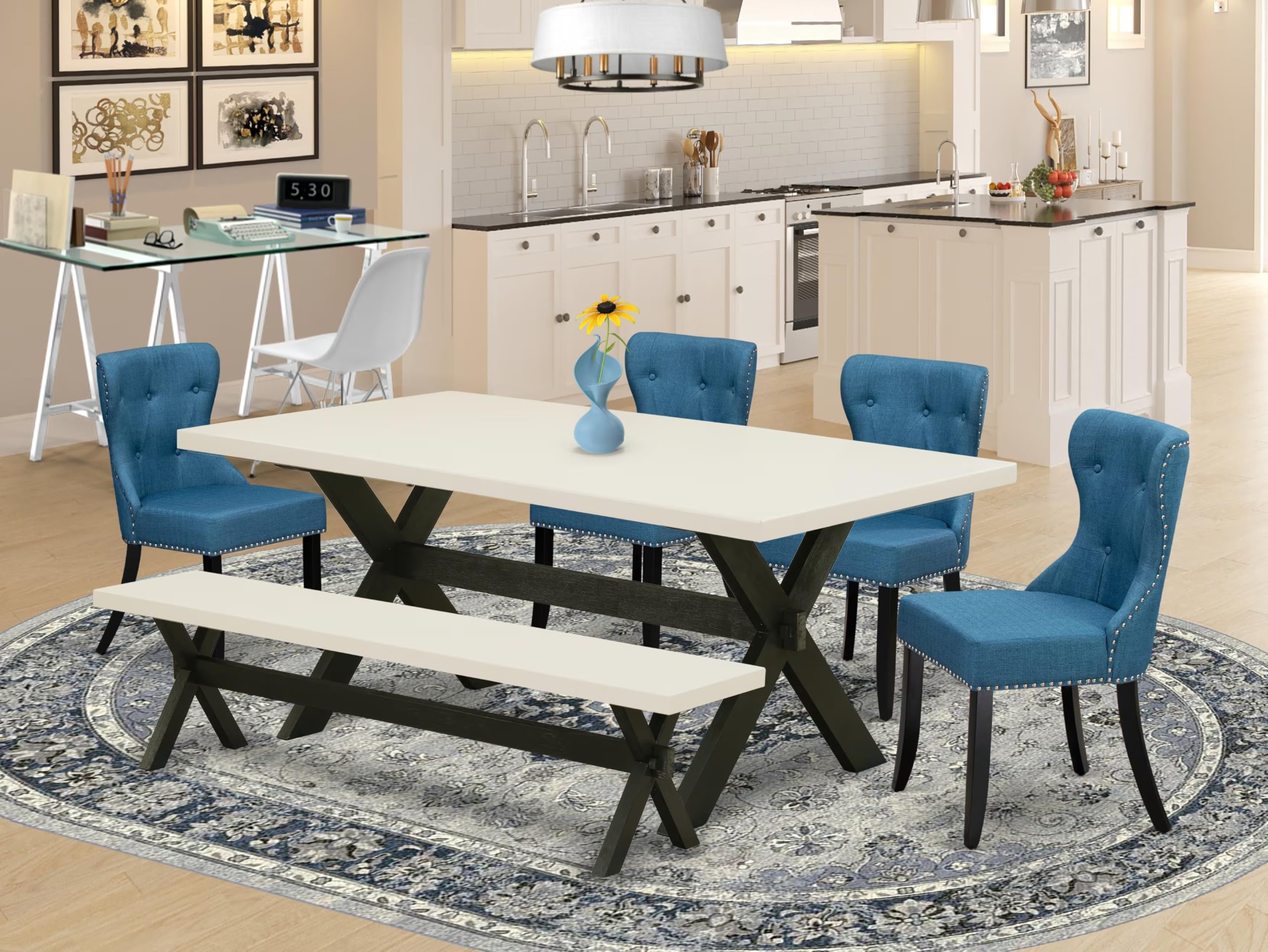 East West Furniture X627Si121-6 6 Piece Kitchen Table & Chairs Set Contains A Rectangle Wooden Table And 4 Blue Linen Fabric Parson Chairs With A Bench, 40X72 Inch, Multi-Color