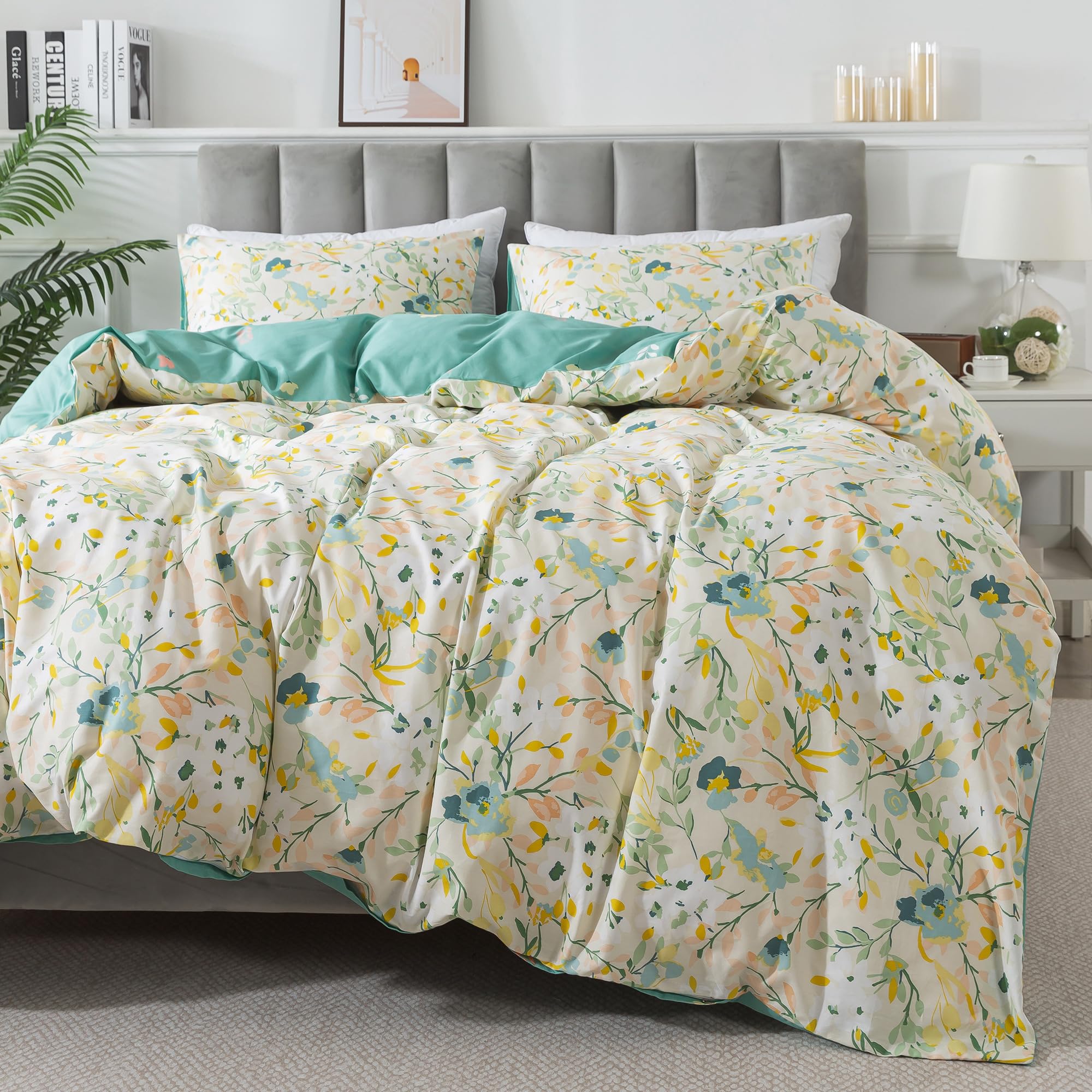 HoneiLife Duvet Dover King Size - 100% Cotton Comforter Cover Floral Duvet Cover Sets, Botanical Duvet Cover with Zipper Closure