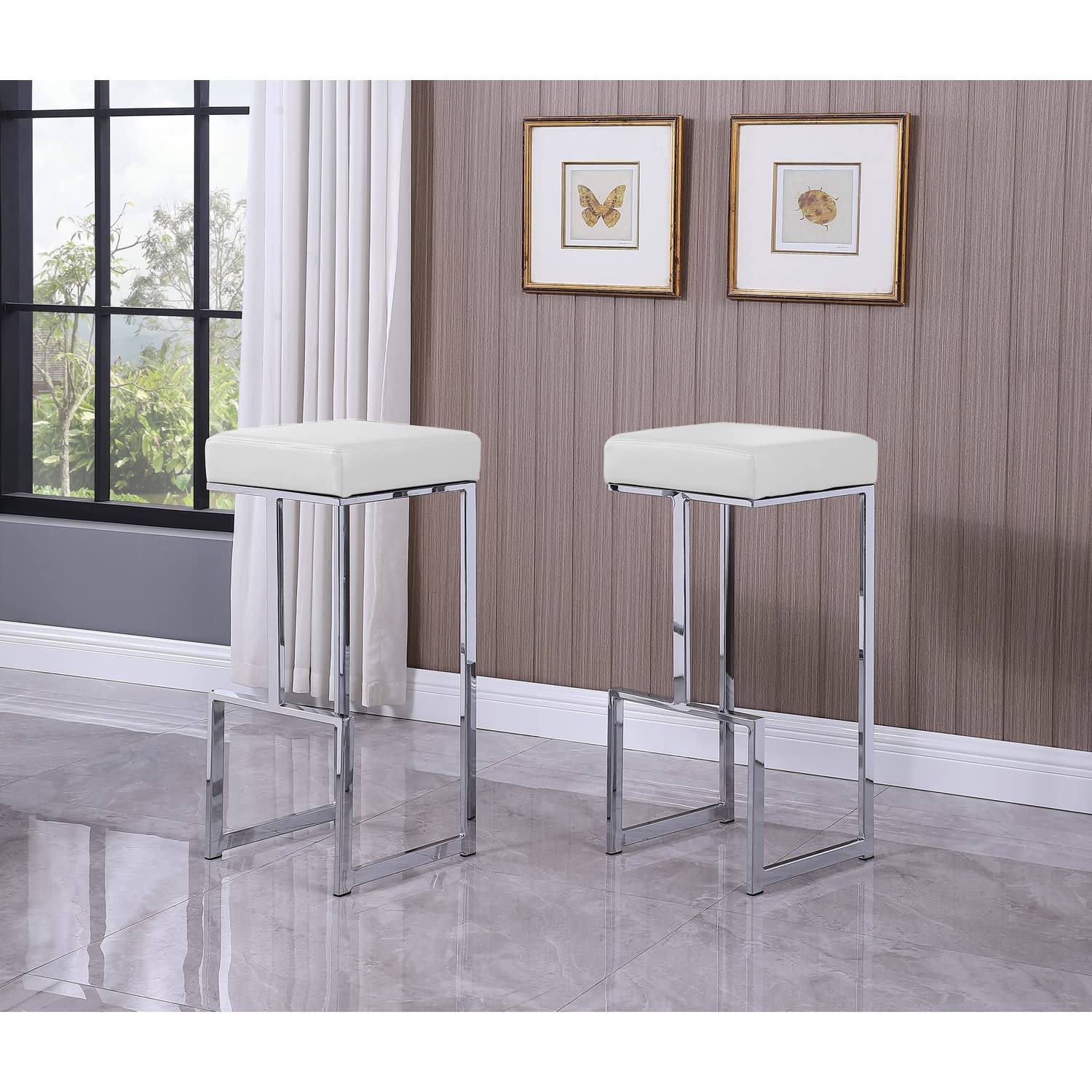 Best Master Furniture Dorrington Faux Leather Backless Bar Stool In White/Silver (Set Of 2)