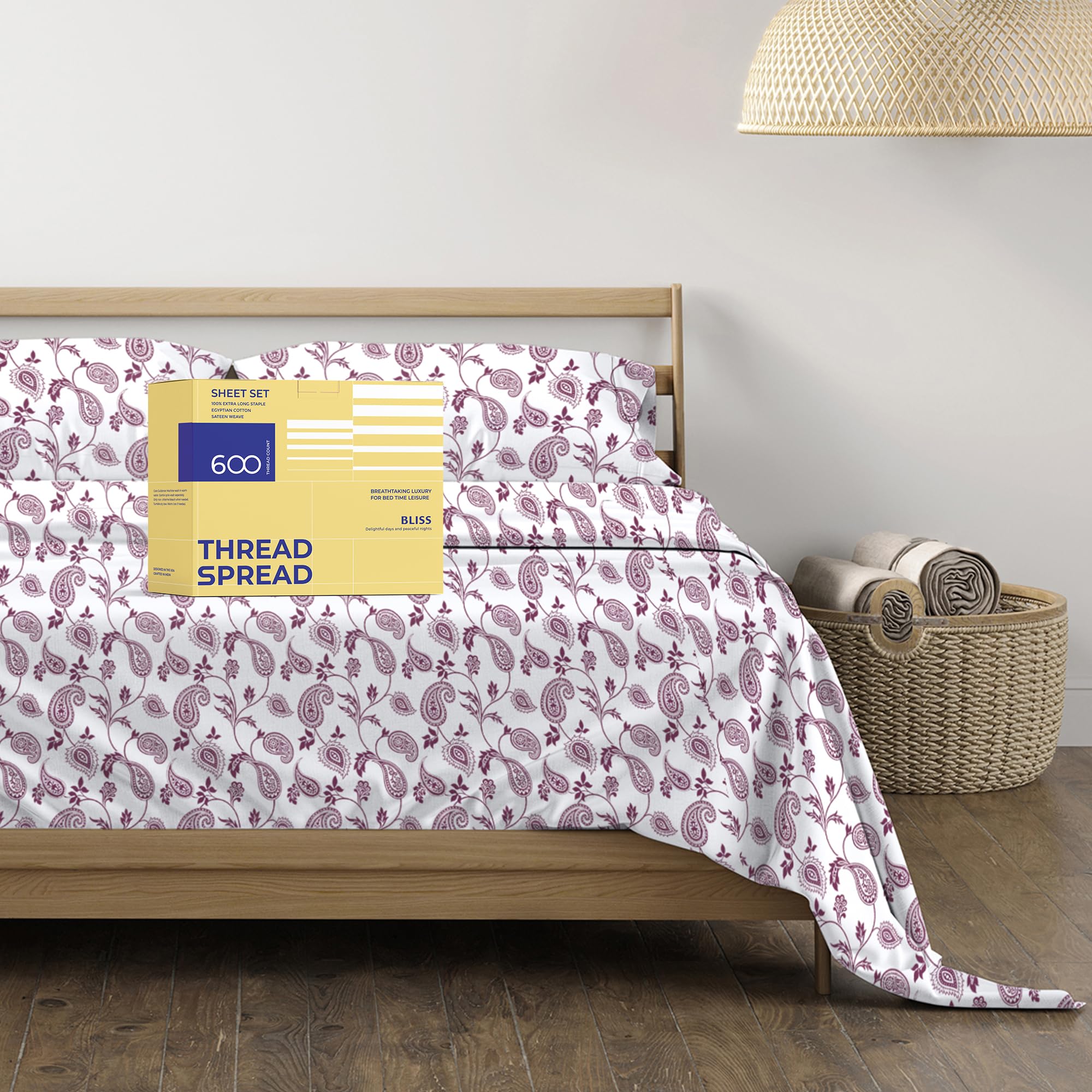 Thread Spread 100% Egyptian Cotton Printed Bed Sheets - 600 Thread Count 4 Pc King Sheet Set, Hotel Luxury Sateen Bedsheets, 16' Deep Pocket Extra Soft Cooling Sheets For King Size Bed - Paisley