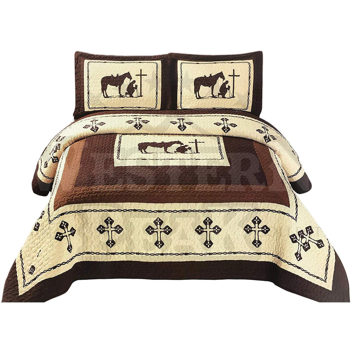 Western Peak Praying Cowboy Horse Barb Wire Star Cabin Lodge Luxury Quilt Bedspread Coverlet Comforter 3 Piece Beige Brown Set (