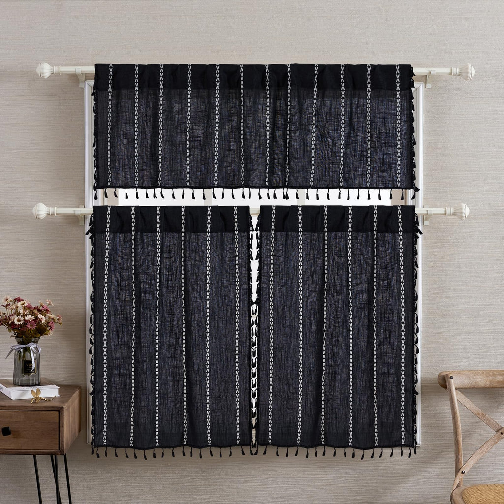 Roomtalks Black Boho Kitchen Valances For Windows, 18’’L X 52’’W Gothic Moody Striped Farmhouse Vintage Country Cottage Textured Tassel Curtain Valances For Bathroom Living Room
