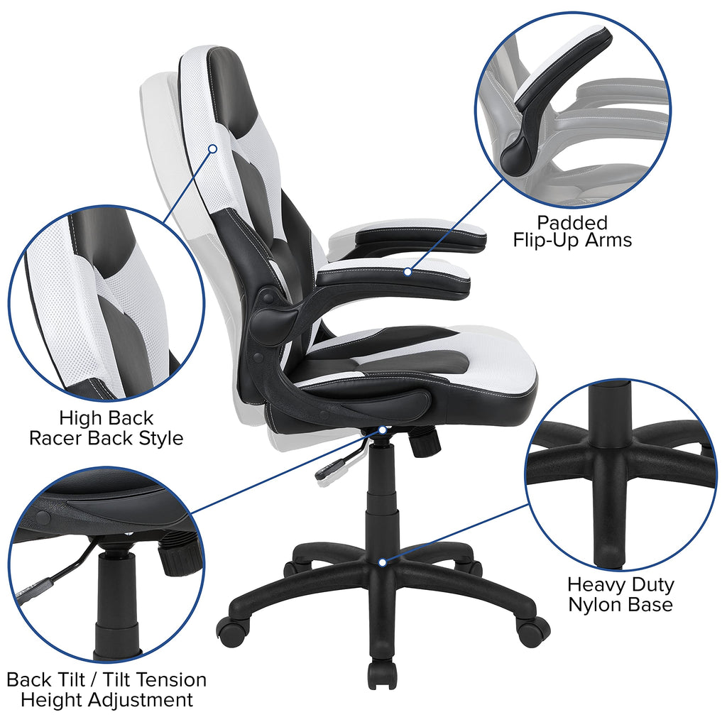 Flash Furniture Optis Black Gaming Desk And White/Black Racing Chair Set With Cup Holder, Headphone Hook & 2 Wire Management Holes