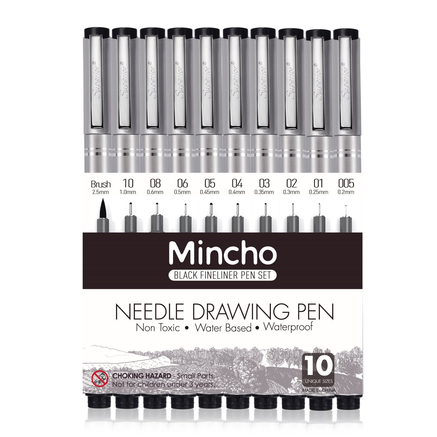 Set Of 10 Black Micro-Pen Fineliner Ink Pens, Anti-Bleed & Waterproof Archival Ink,Brush & Calligraphy Tip Nibs - Artist Illustr