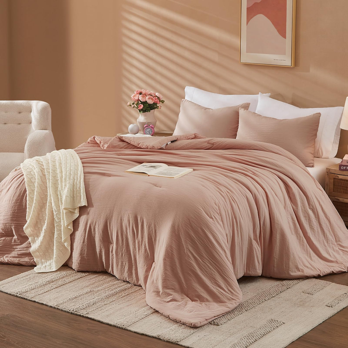 Wrensonge King Size Comforter Set, 3 Piece Dusty Pink Soft Microfiber King Comforter Set(1 Fluffy King Size Comforter With 2 Pil