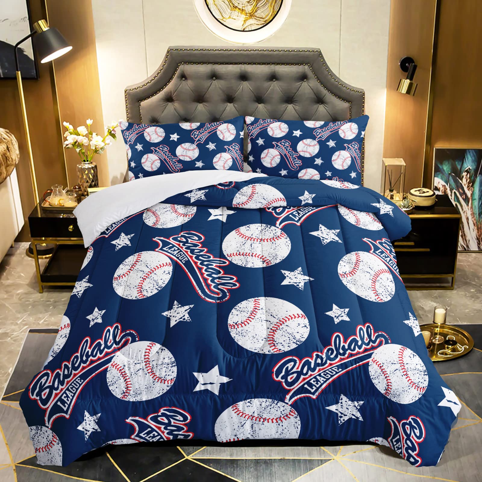 Qoomo 3D Baseballs Comforter Full Size,Blue Baseball Kids Comforter Set,3Pcs Bedding Set Printed Comforter With 2 Pillowcases,Do