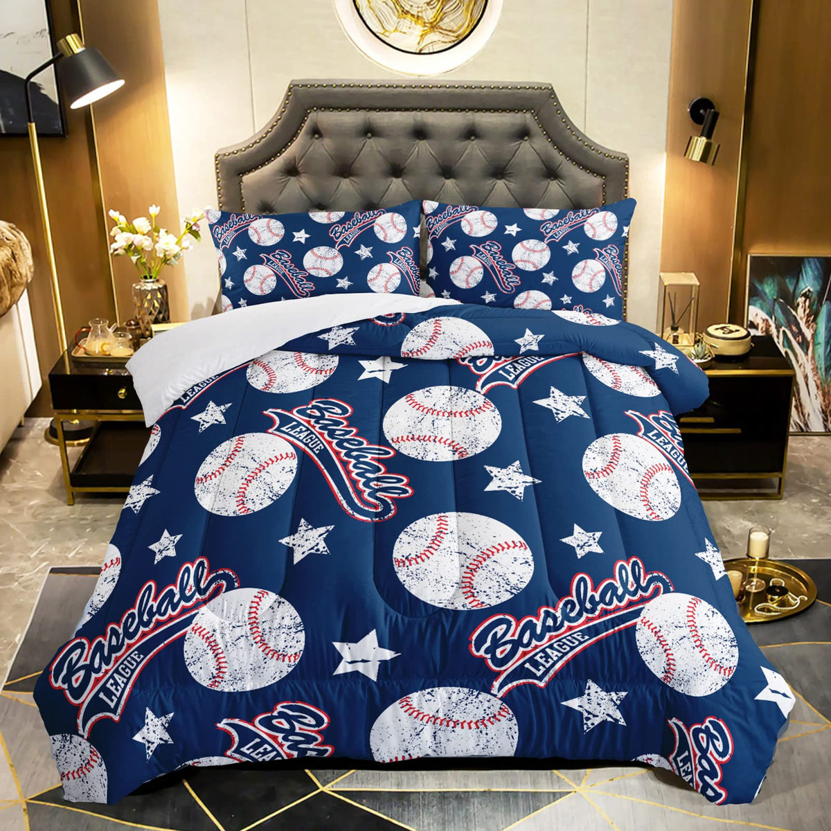Qoomo 3D Baseballs Comforter King Size,Blue Baseball Kids Comforter Set,3Pcs Bedding Set Printed Comforter With 2 Pillowcases,Do