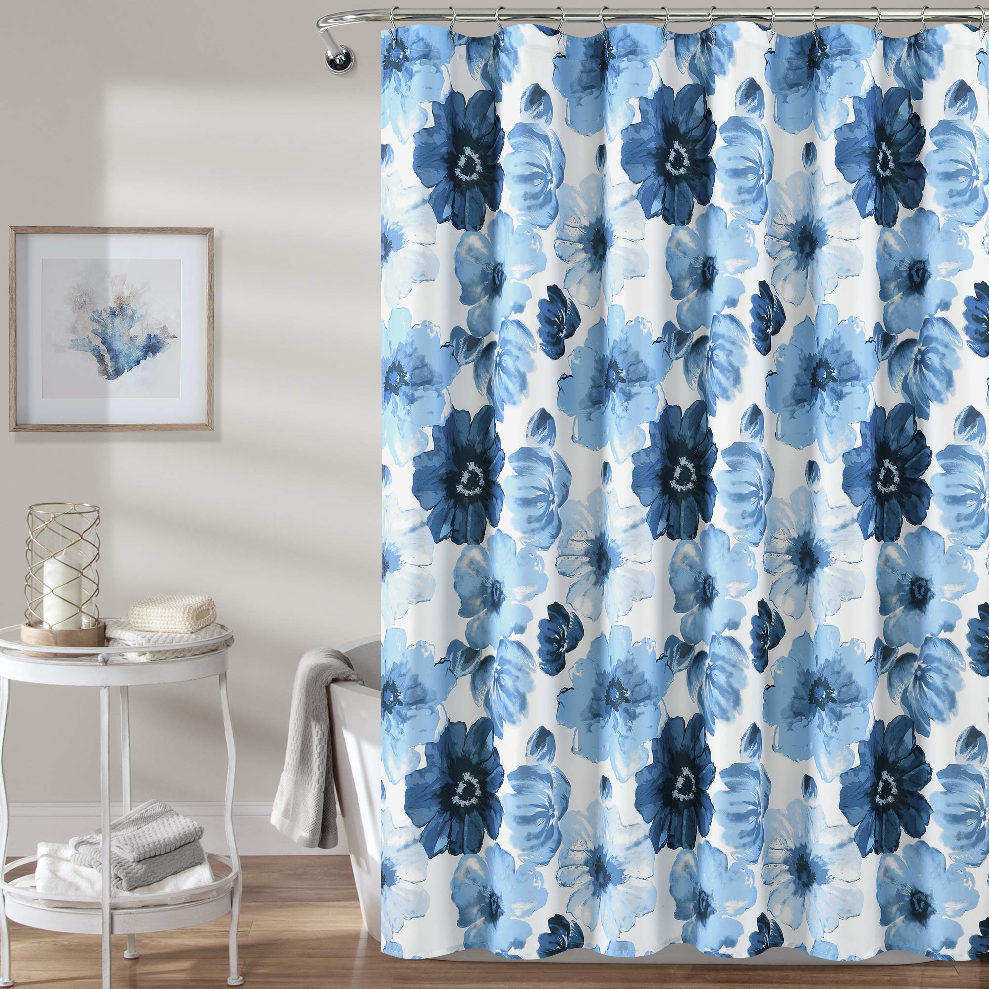 Lush Decor Leah Floral Shower Curtain, 72' W X 72' L, Navy & White - Pretty Blue Shower Curtain - Spring Decor - Colorful Bloo