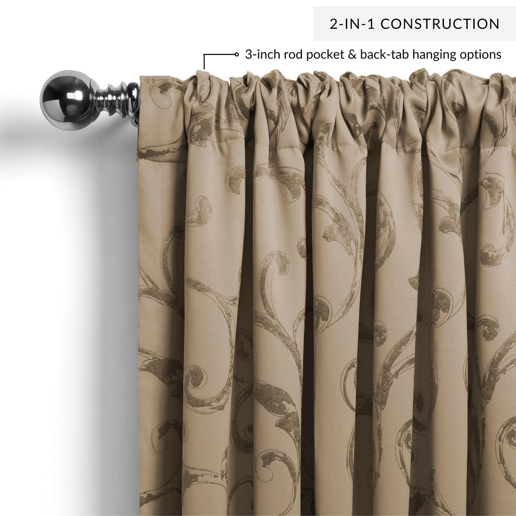 Elrene Home Fashions Mia Jacquard Scroll Blackout Window Curtain, 52'' X 95'' (1 Panel), Taupe
