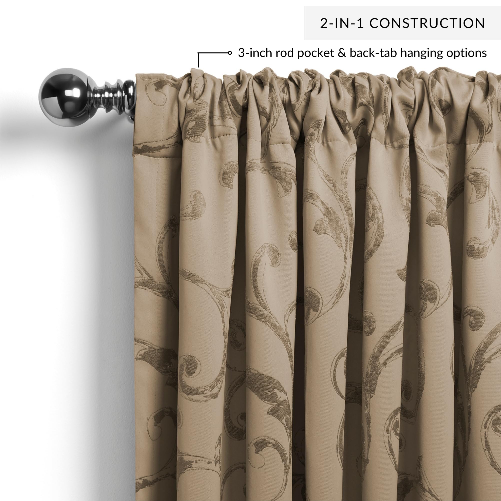 Elrene Home Fashions Mia Jacquard Scroll Blackout Window Curtain, 52'' X 95'' (1 Panel), Taupe