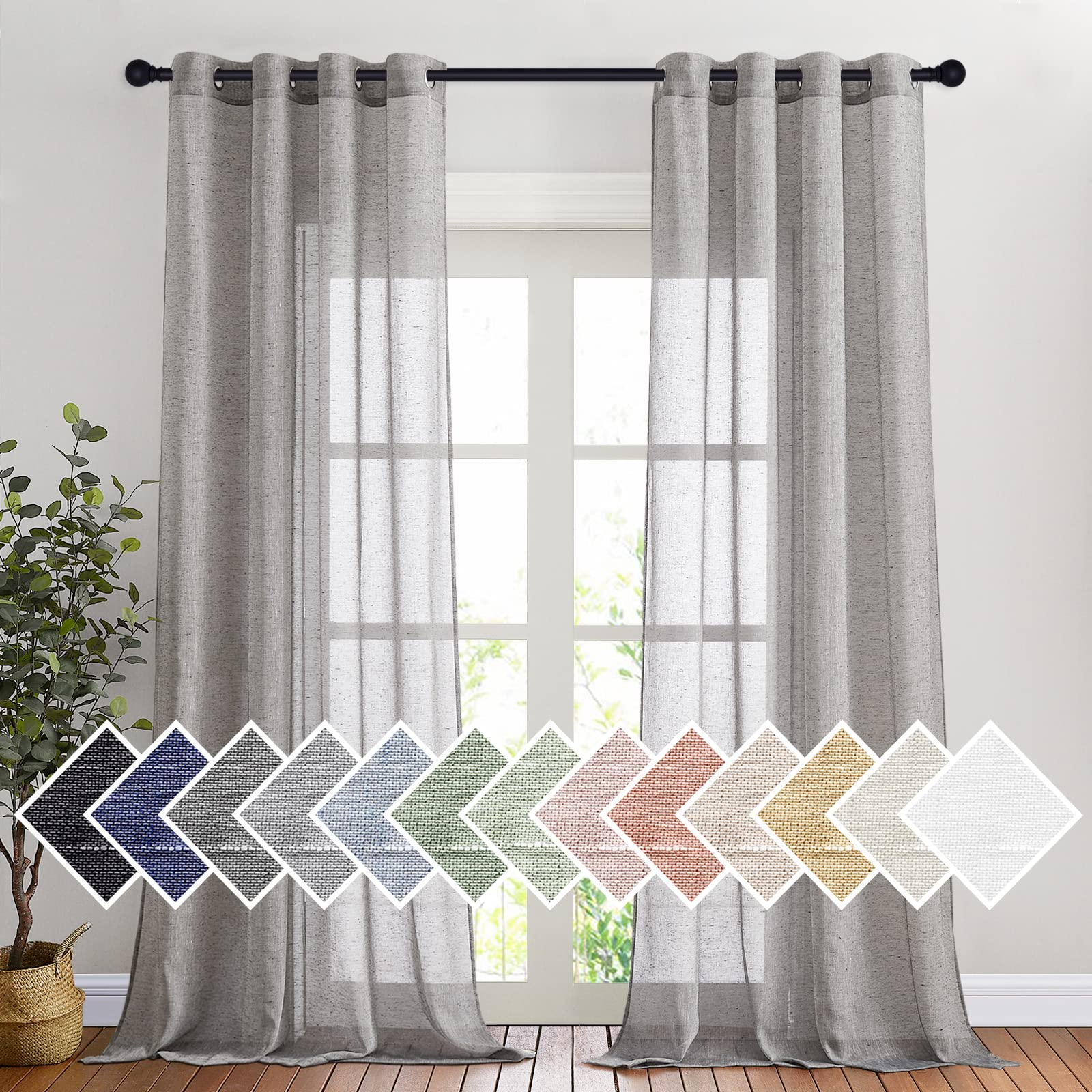 Nicetown Semi Sheer Linen Blend Living Room Curtains, Grommet Top Flew To Floor Thick Semitransparent Window Treatment Privacy L