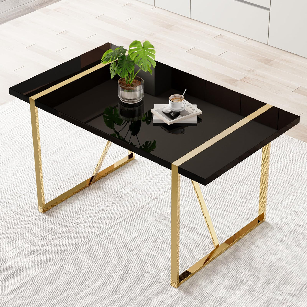 Ebullient Dining Table For 4,Black Rectangular Mdf Dining Table, Faux Marble Dinner Table Top,Modern Dining Room Table With Meta