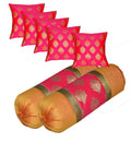 Pink Parrot Silk 120 Tc Bolster Cover And Cushion Cover Set (Multicolour, 12 X 12 Inch And 12 X 26 Inch, 7 Pieces)