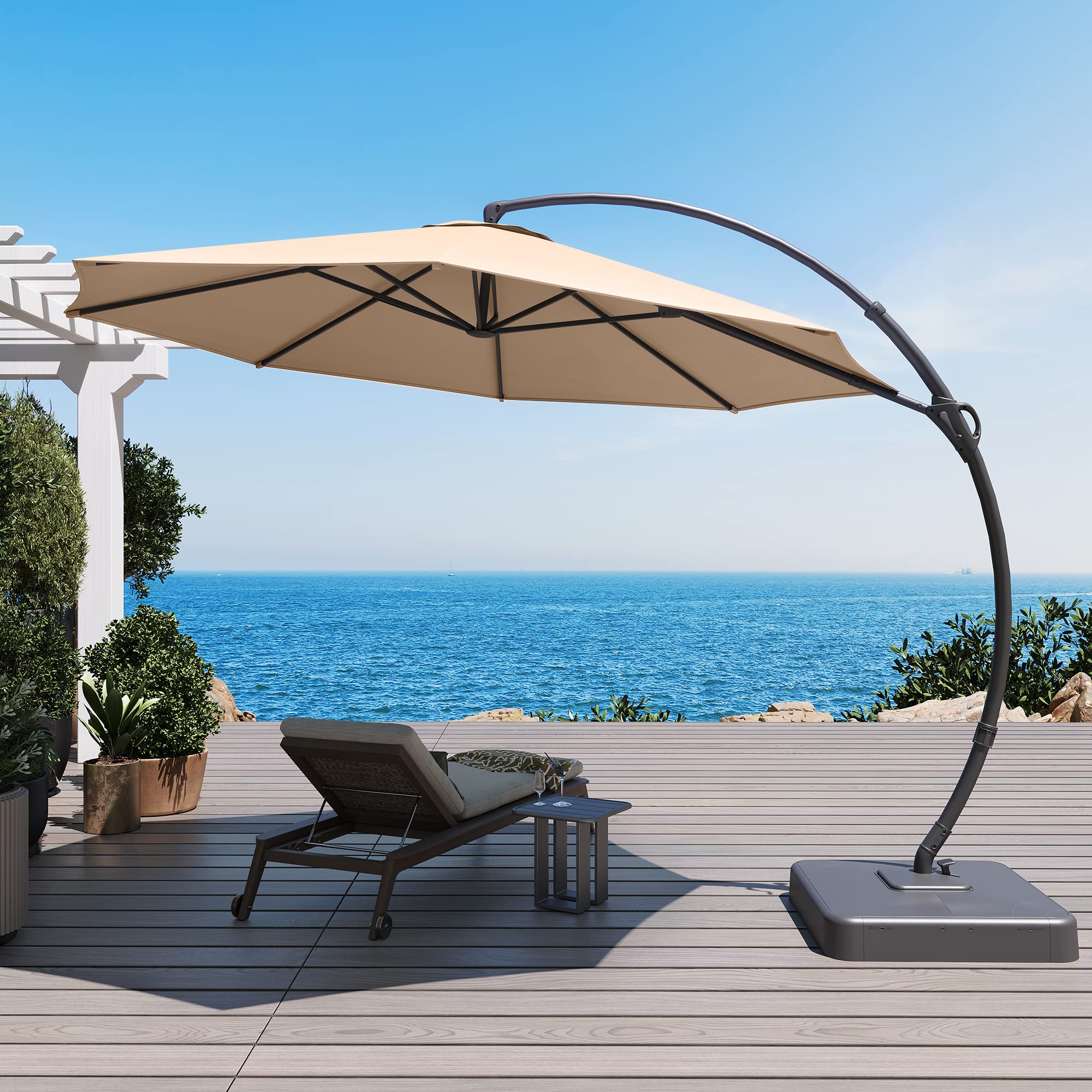 Lausaint Home Sunbrella Outdoor Patio Umbrella With Base Included, 12 Ft Deluxe Curvy Cantilever Umbrella Offset Hanging Umbrell