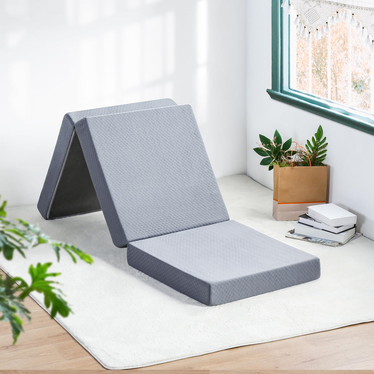 Olee Sleep Tri-Folding Memory Foam Mattress Topper, 4 Inch Gel Folding Mattress For Camping, Foldable Guest Bed, Washable Cover,
